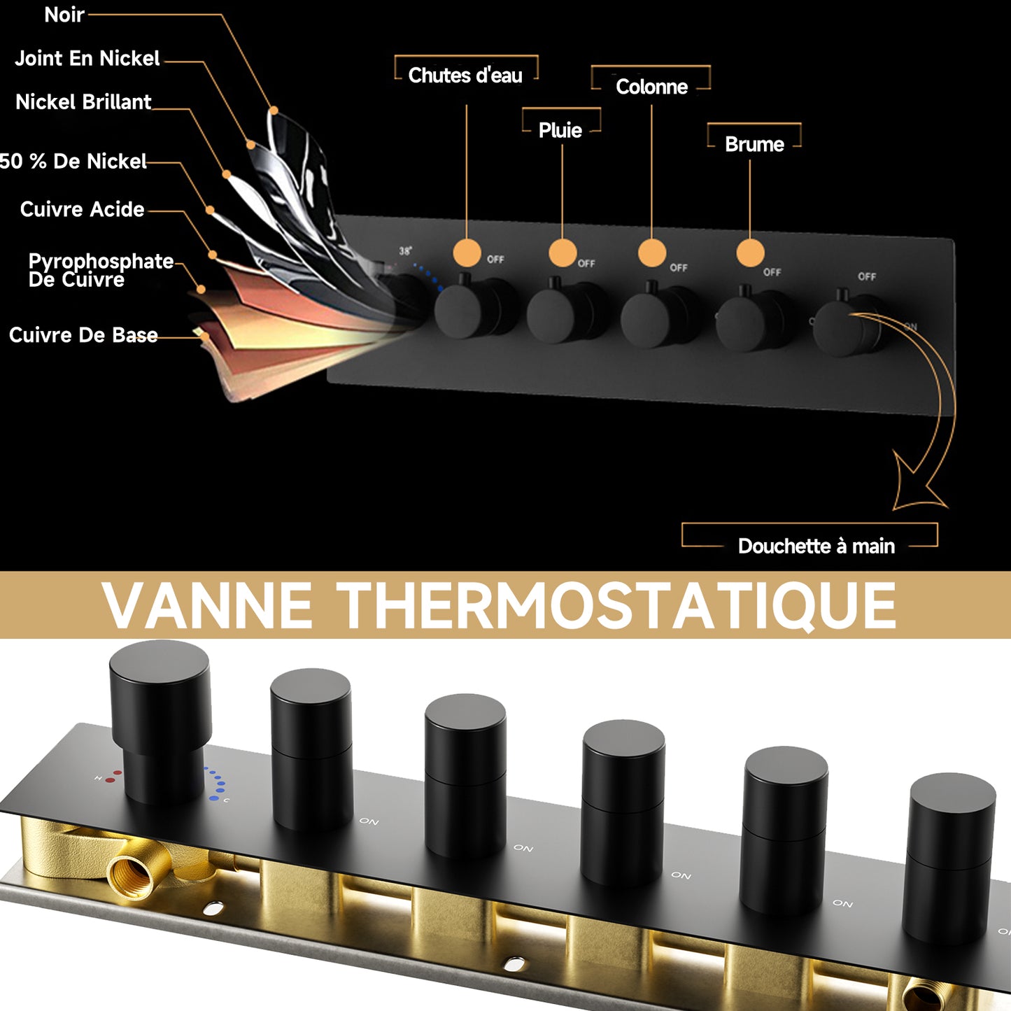 Colonne De Douche Thermostatique Multifonctionnelle, Set De Douche Encastré Noir, Douche De Tête 700×380 Mm Avec Lumières LED Colorées Et 5 Modes De Douche, Avec Douchette Et Robinetterie