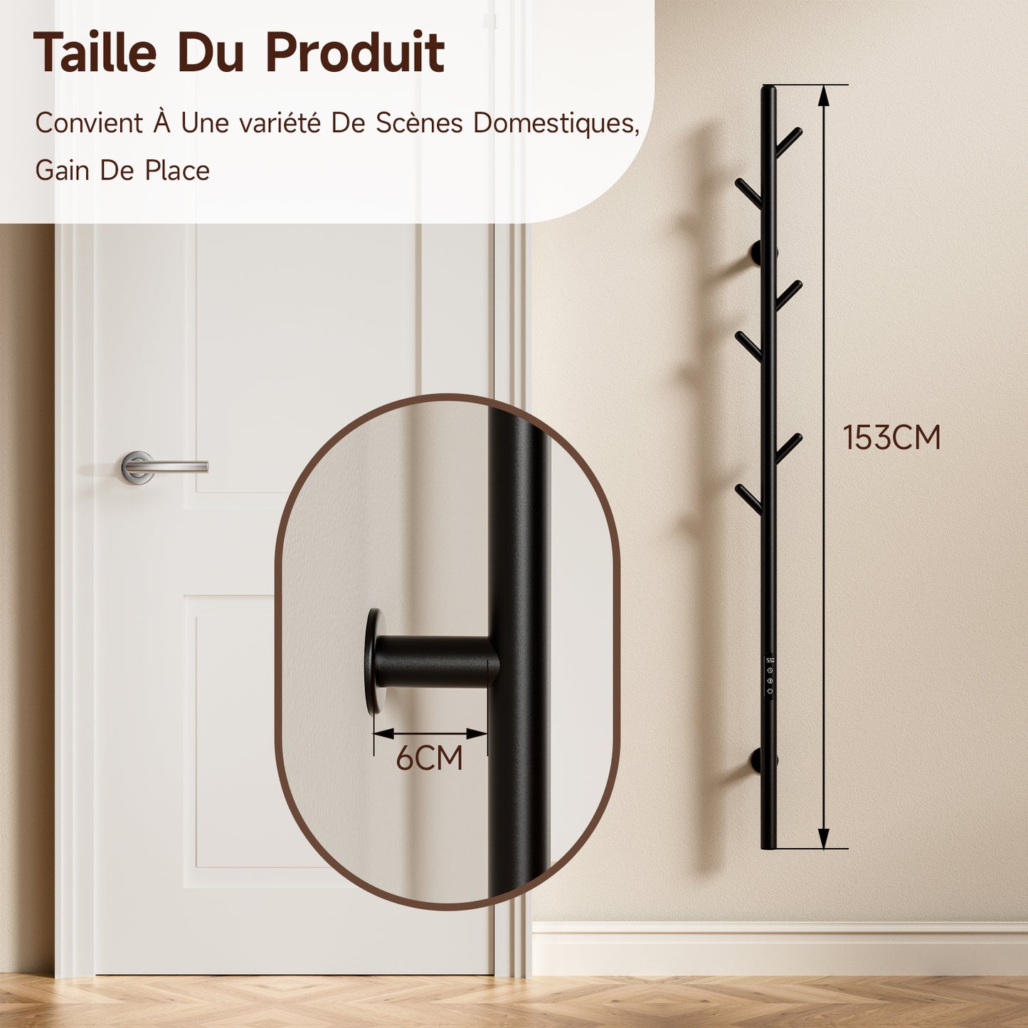 Sèche-Serviette électrique,Seche serviette salle de bain,Adiateur sèche-serviettes intelligent Noir à température constante,Porte-serviettes électrique mural,Avec 6 crochets,Sèche-serviettes électrique avec tige
