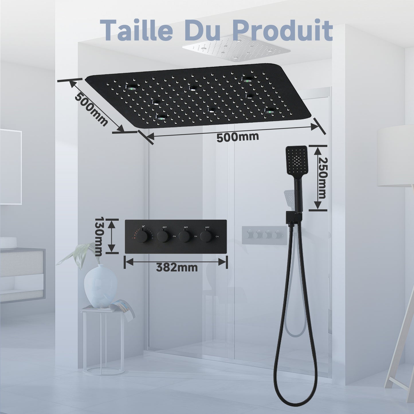Colonne De Douche,Multifonctionnel Colonne De Douche sans Mitigeur,Colonne Douche Encastrable, avec Douche De Tête,Lumières LED Colorées,douchette À Main,Colonne De Douche Thermostatique Noir