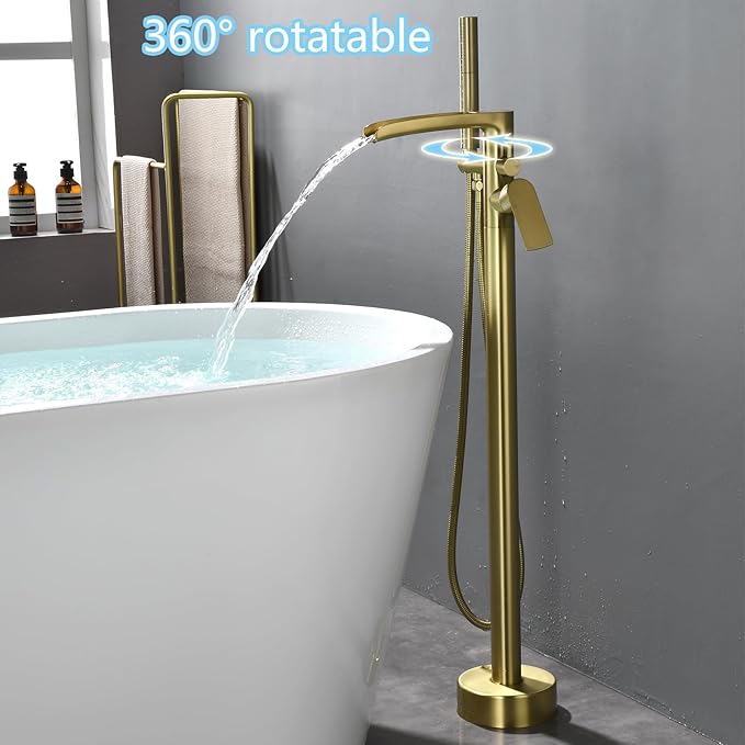 Robinet de Baignoire Ilot, Or Brossé Mitigeur Baignoire Ilot avec Douchette, Cascade Robinet de Baignoire sur Pied Rotation à 360° Moderne et Simple Laiton Robinet Mitigeur au Sol