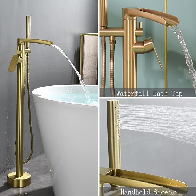 Robinet de Baignoire Ilot, Or Brossé Mitigeur Baignoire Ilot avec Douchette, Cascade Robinet de Baignoire sur Pied Rotation à 360° Moderne et Simple Laiton Robinet Mitigeur au Sol