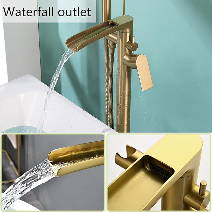 Robinet de Baignoire Ilot, Or Brossé Mitigeur Baignoire Ilot avec Douchette, Cascade Robinet de Baignoire sur Pied Rotation à 360° Moderne et Simple Laiton Robinet Mitigeur au Sol