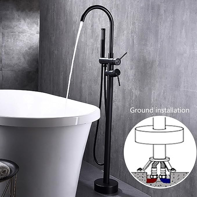 Robinet de Baignoire Ilot 2 Modes Mitigeur de Baignoire Ilot avec Douchette, Rotation à 360° Robinet de Baignoire sur Pied Laiton Robinet Mitigeur au Sol Moderne et Simple
