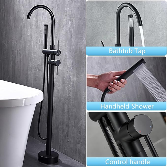 Robinet de Baignoire Ilot 2 Modes Mitigeur de Baignoire Ilot avec Douchette, Rotation à 360° Robinet de Baignoire sur Pied Laiton Robinet Mitigeur au Sol Moderne et Simple