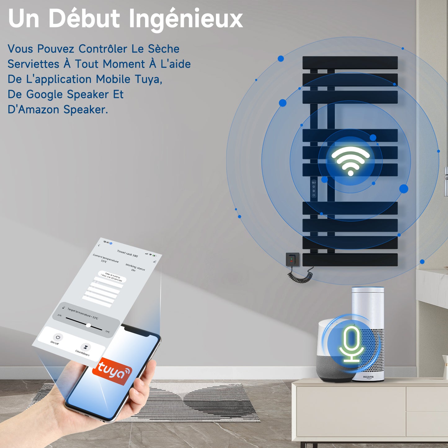 Seche Serviette Electrique, 500x1100mm, pour Commande Vocale/Tactile/APP, WiFi Sèche Serviette Électrique, pour Alexa et Google Home et APP, 380W, Radiateur Salle de Bain