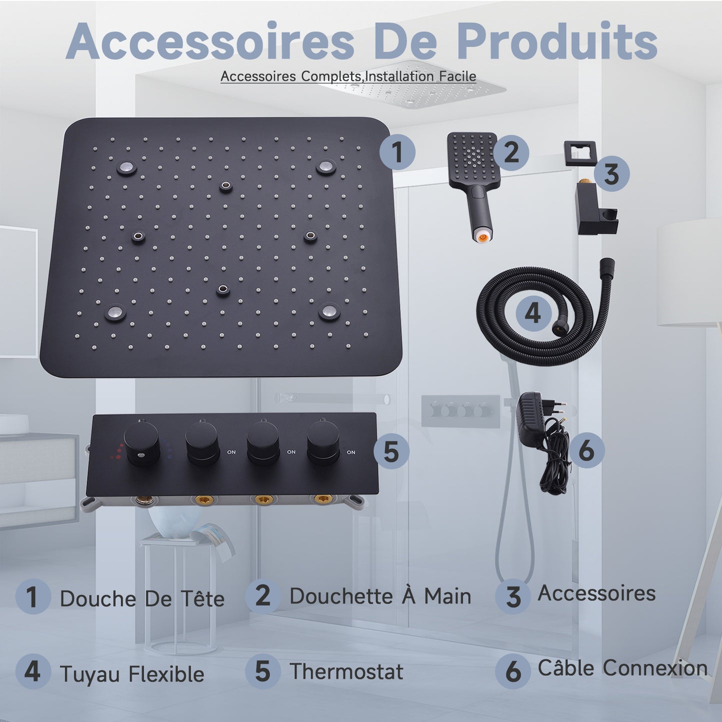 Colonne De Douche,Multifonctionnel Colonne De Douche sans Mitigeur,Colonne Douche Encastrable, avec Douche De Tête,Lumières LED Colorées,douchette À Main,Colonne De Douche Thermostatique Noir