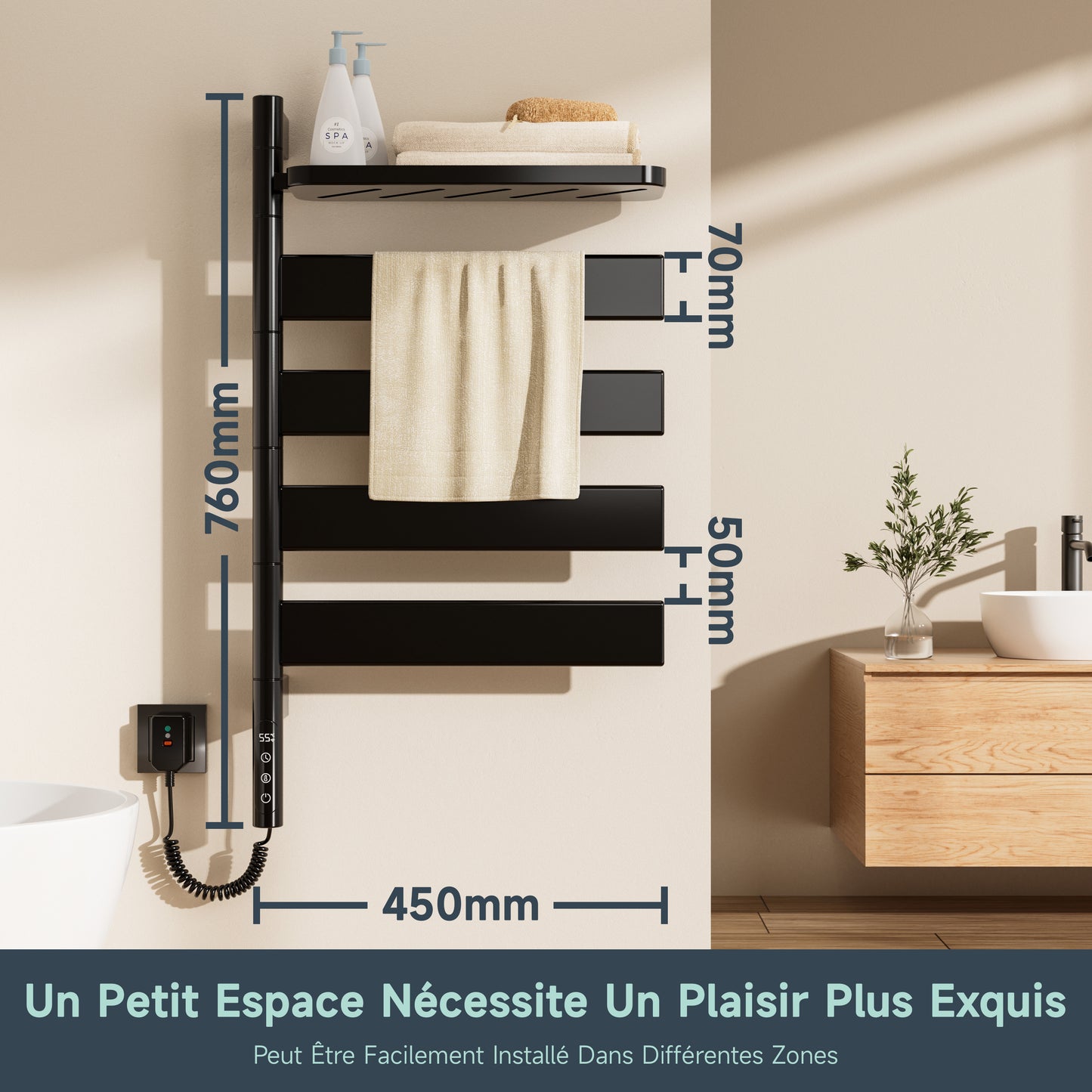 Sèche-Serviettes Électrique 760×450 Mm ,Rotation 180° Chauffe Serviette Salle De Bain,sèche Serviette Intelligent À Température Constante WiFi,Fonctionne Avec Alexa Et Google Home Et App