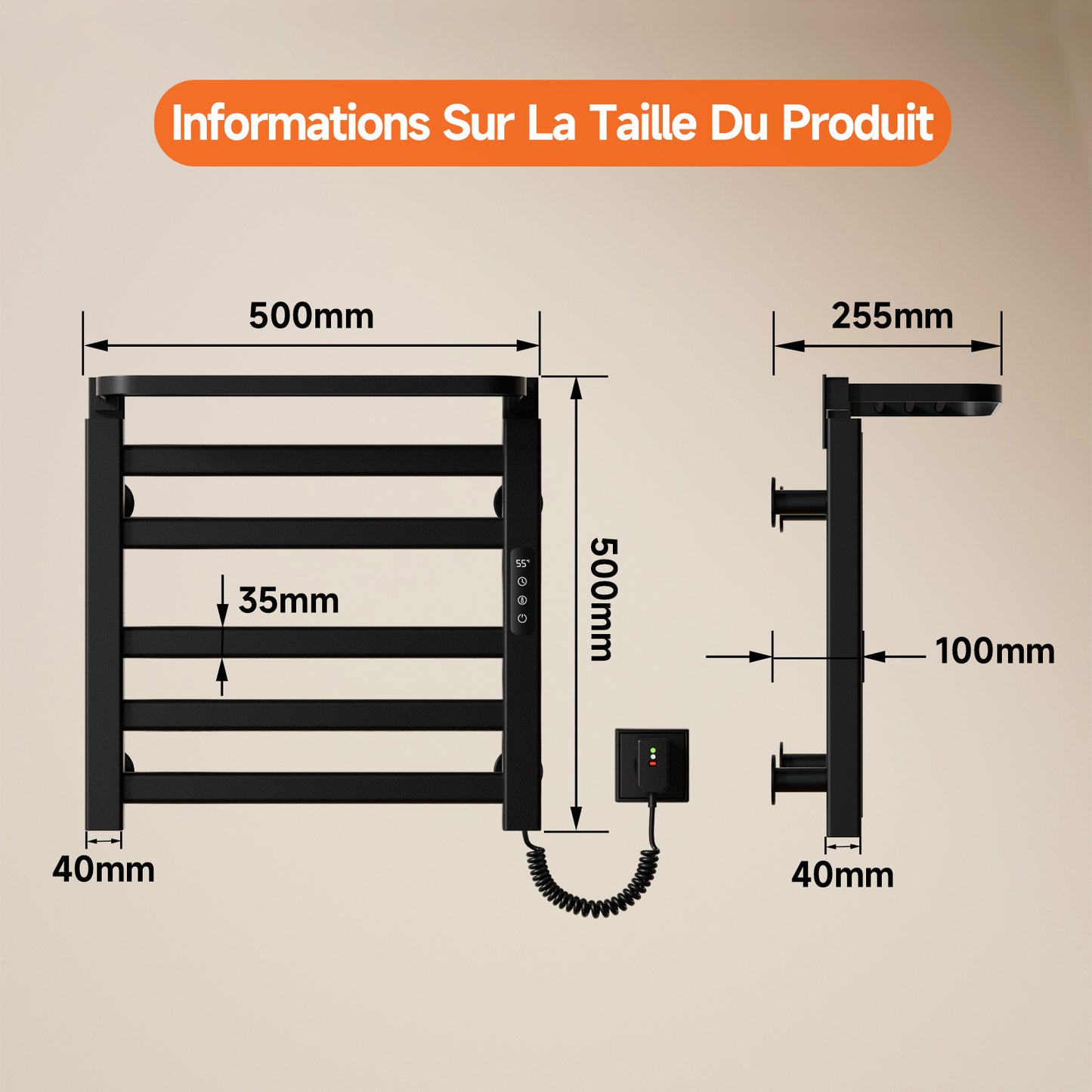 Sèche serviettes électrique,Radiateur serviettes électrique 500x500mm,Porte serviettes thermostatique intelligent,Porte serviettes électrique,Avec interrupteur tactile et minuterie,Sèche serviettes mural