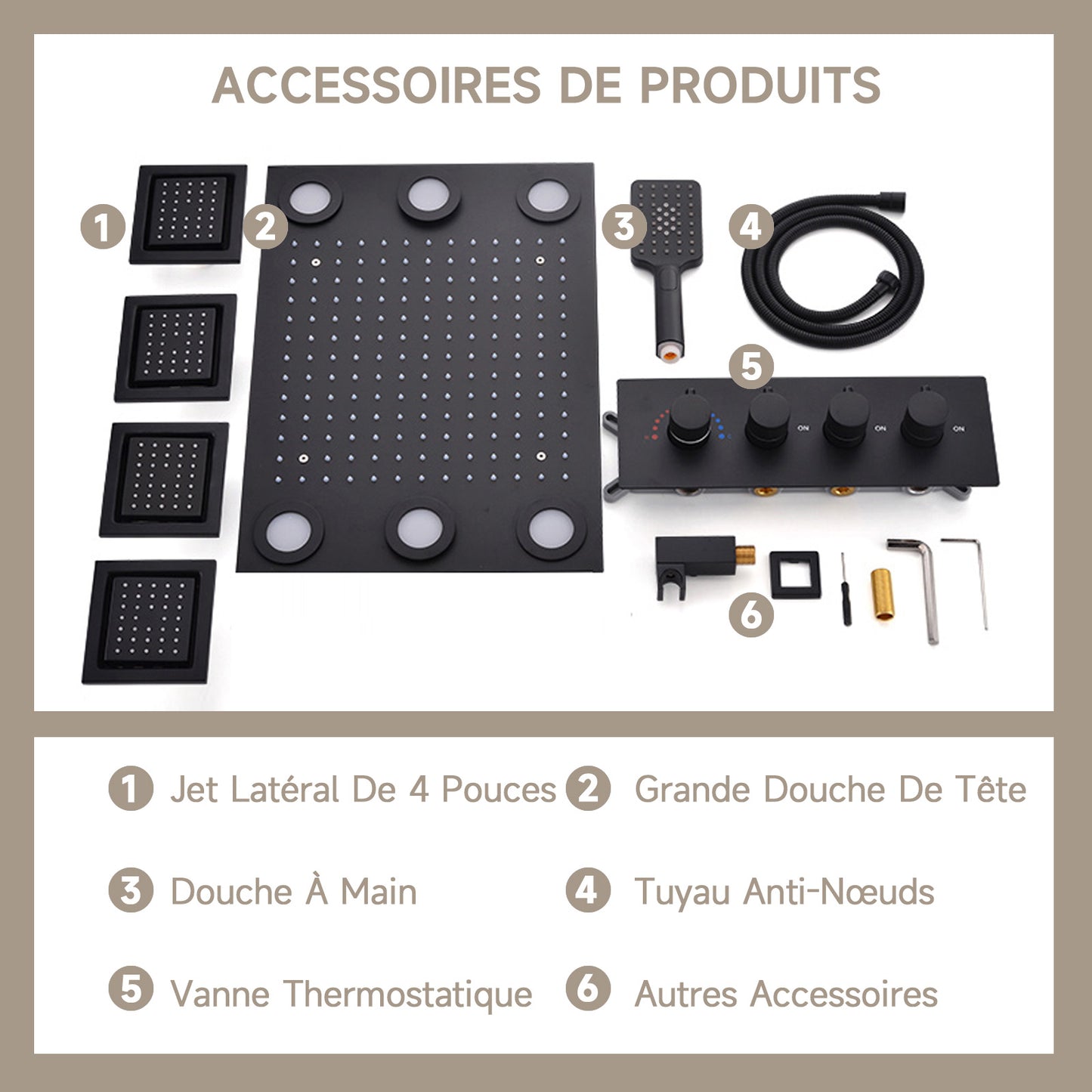 Colonne De Douche,Multifonctionnel Colonne De Douche Thermostatique Noir,Colonne Douche Encastrable,Avec Douche De Tête,Douchette À Main,Lumières LED Colorées,Jet Latéral De 4 Pouces Ensemble Douche