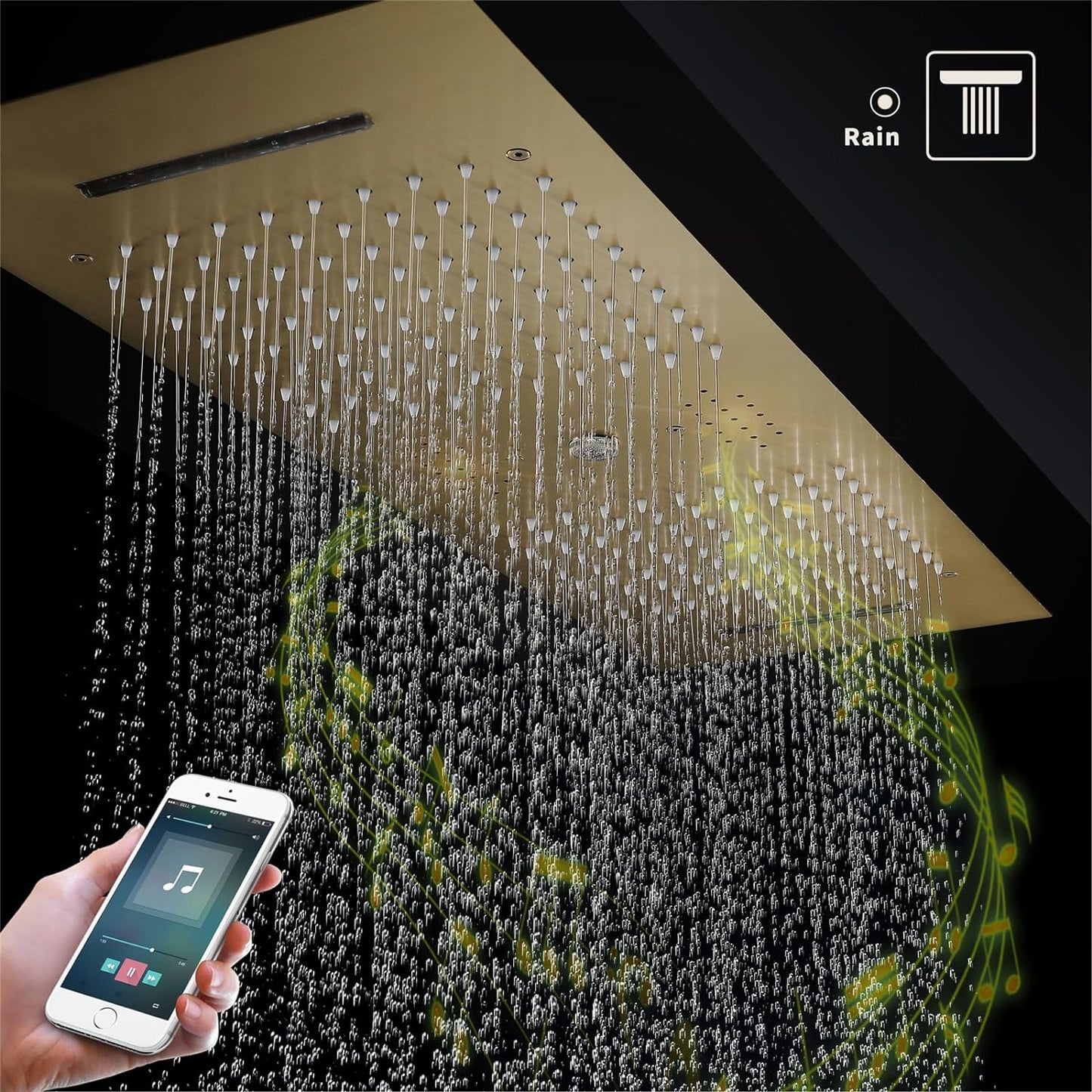 OihPaw Colonne De Douche Thermostatique Musique Or Brossé,300x900mm LED 64 Couleurs 4 Fonctions SystèMe De Douche EncastréE,Acier Inoxydable 304,Pluie,Cascade,Colonne D'Eau