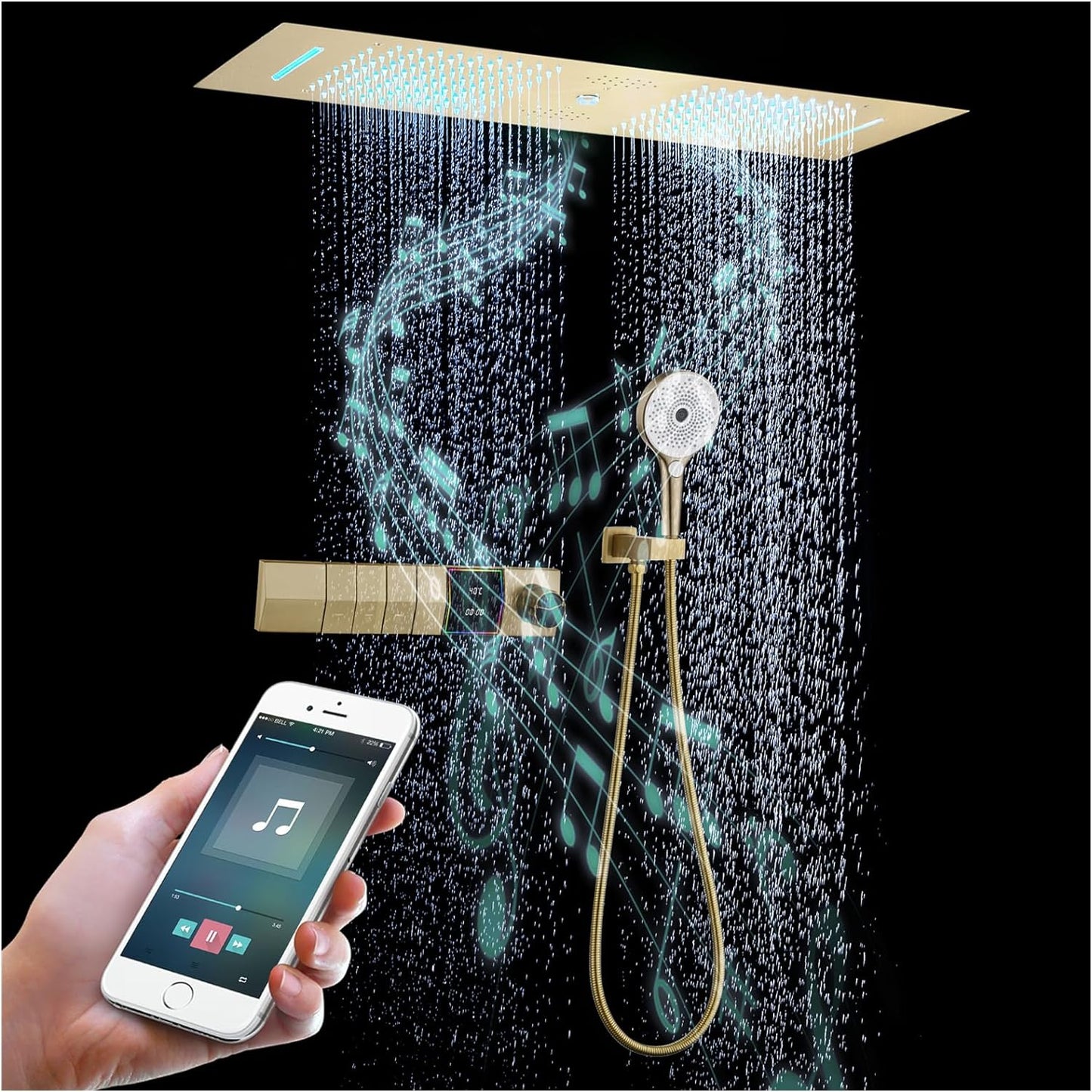OihPaw Colonne De Douche Thermostatique Musique Or Brossé,300x900mm LED 64 Couleurs 4 Fonctions SystèMe De Douche EncastréE,Acier Inoxydable 304,Pluie,Cascade,Colonne D'Eau