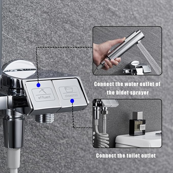 Kit Douchette WC Noir Pulvérisateur de Toilette pour Bidet, Laiton Douchette Toilette WC Un Entré Deux Sortis Douchette WC Kit Complet avec Printemps Tuyau
