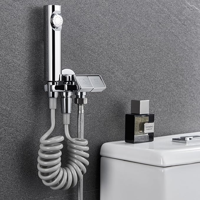 Kit Douchette WC Noir Pulvérisateur de Toilette pour Bidet, Laiton Douchette Toilette WC Un Entré Deux Sortis Douchette WC Kit Complet avec Printemps Tuyau