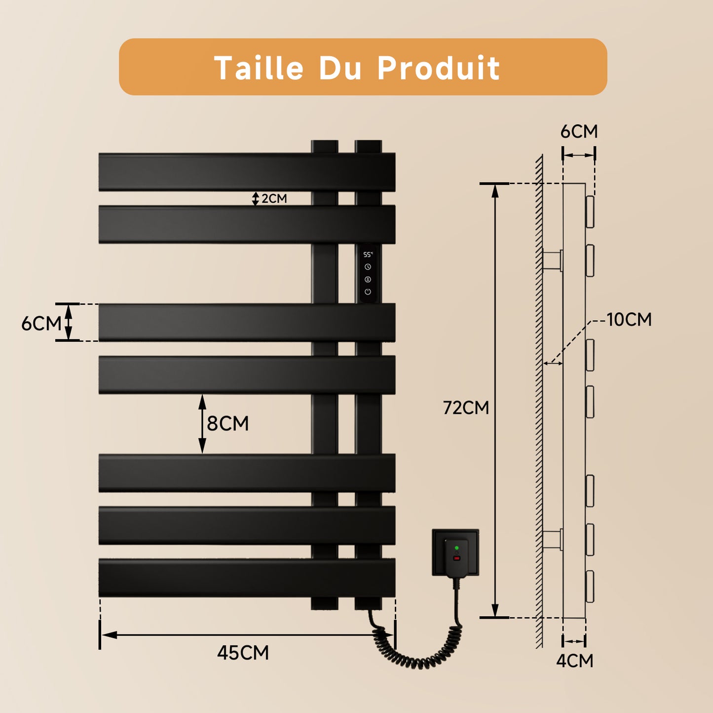 Sèche serviettes électrique,Radiateur porte serviettes électrique 450x720mm,Sèche serviettes thermostatique intelligent 235 W,Radiateur de salle de bain électrique avec minuterie à interrupteur tactile