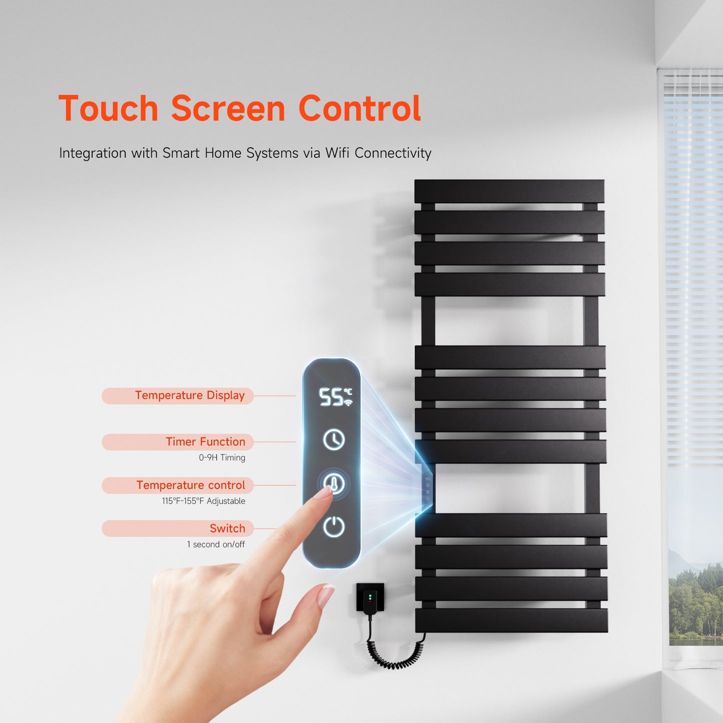 OihPaw Sèche Serviettes Électrique,1300x550mm Porte-Serviettes électrique Noir Gauche WiFi Compatible avec App Alexa Google Assistant,526W seche Serviette Electrique,1-9H Minuterie Thermostat