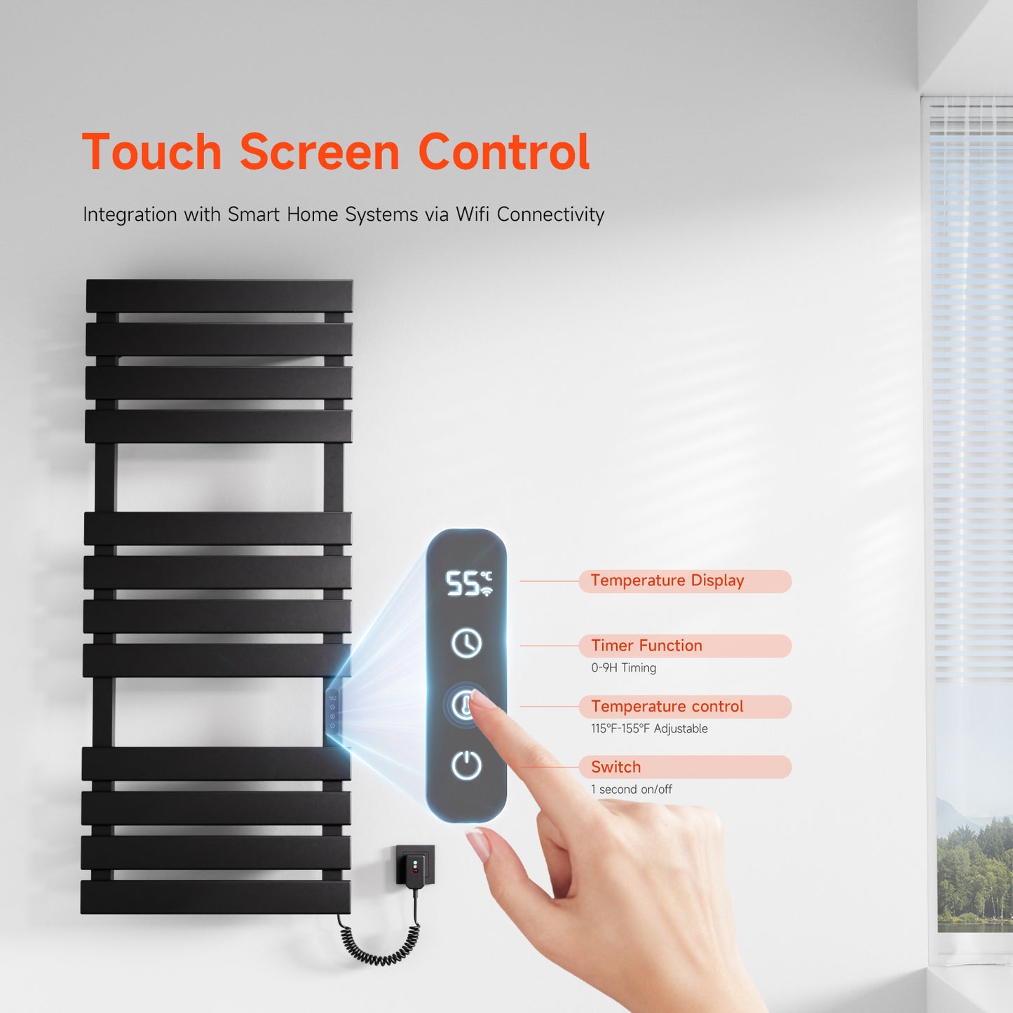 OihPaw Sèche Serviettes Électrique,1300x550mm Porte-Serviettes électrique Noir Droite WiFi Compatible avec App Alexa Google Assistant,526W seche Serviette Electrique,1-9H Minuterie Thermostat