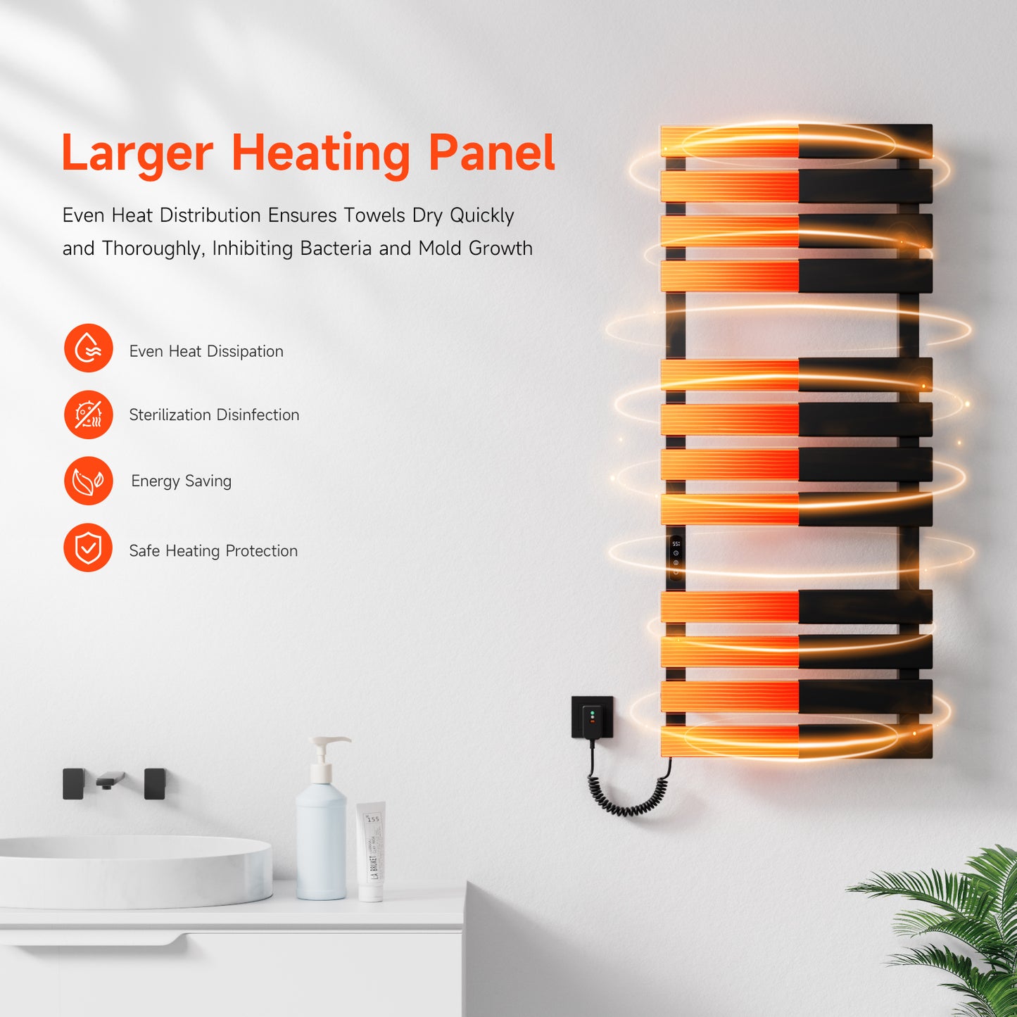 OihPaw Sèche Serviettes Électrique,1300x550mm Porte-Serviettes électrique Noir Gauche WiFi Compatible avec App Alexa Google Assistant,526W seche Serviette Electrique,1-9H Minuterie Thermostat