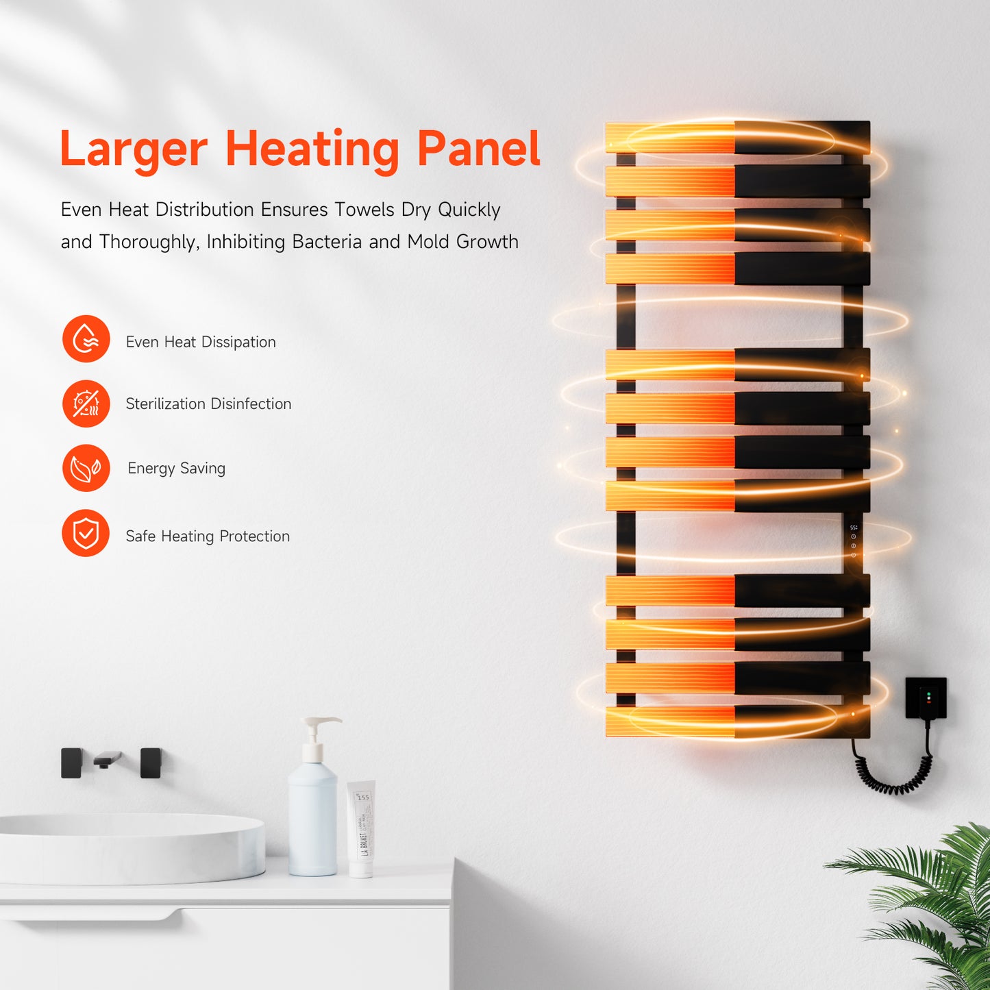 OihPaw Sèche Serviettes Électrique,1300x550mm Porte-Serviettes électrique Noir Droite WiFi Compatible avec App Alexa Google Assistant,526W seche Serviette Electrique,1-9H Minuterie Thermostat