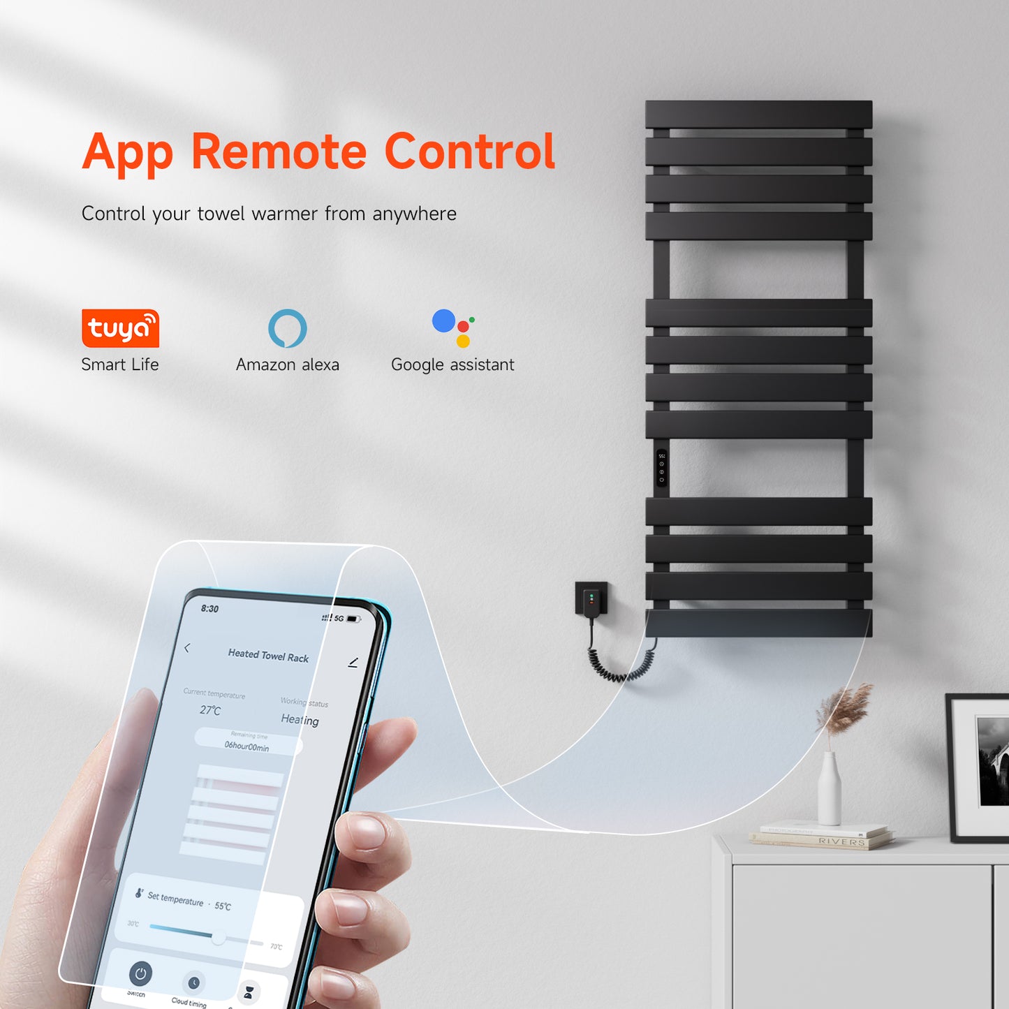 OihPaw Sèche Serviettes Électrique,1300x550mm Porte-Serviettes électrique Noir Gauche WiFi Compatible avec App Alexa Google Assistant,526W seche Serviette Electrique,1-9H Minuterie Thermostat