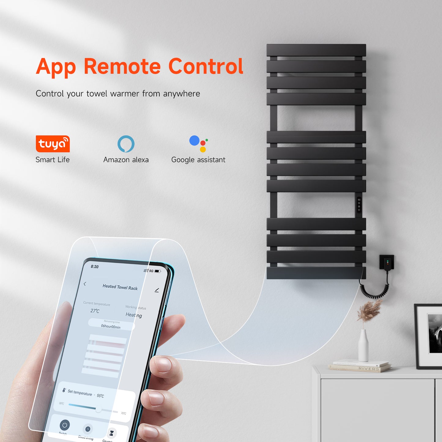 OihPaw Sèche Serviettes Électrique,1300x550mm Porte-Serviettes électrique Noir Droite WiFi Compatible avec App Alexa Google Assistant,526W seche Serviette Electrique,1-9H Minuterie Thermostat