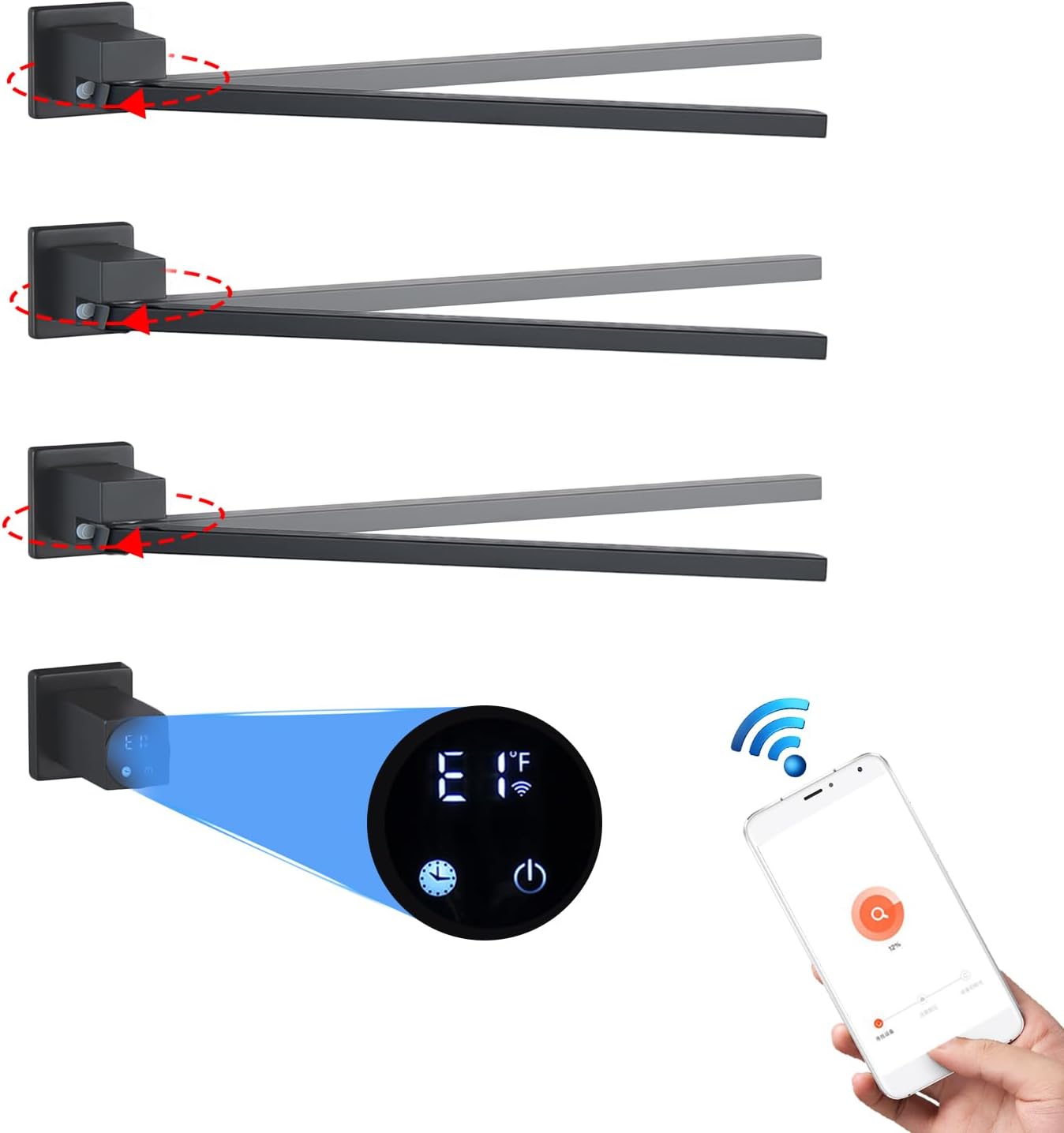 Elektrischer Handtuchtrockner, 60 W Badezimmerheizkörper mit Digitalanzeige, elektrischer Handtuchhalter mit WLAN, 180° drehbarer Handtuchtrockner, Timer, beheizter Handtuchtrockner
