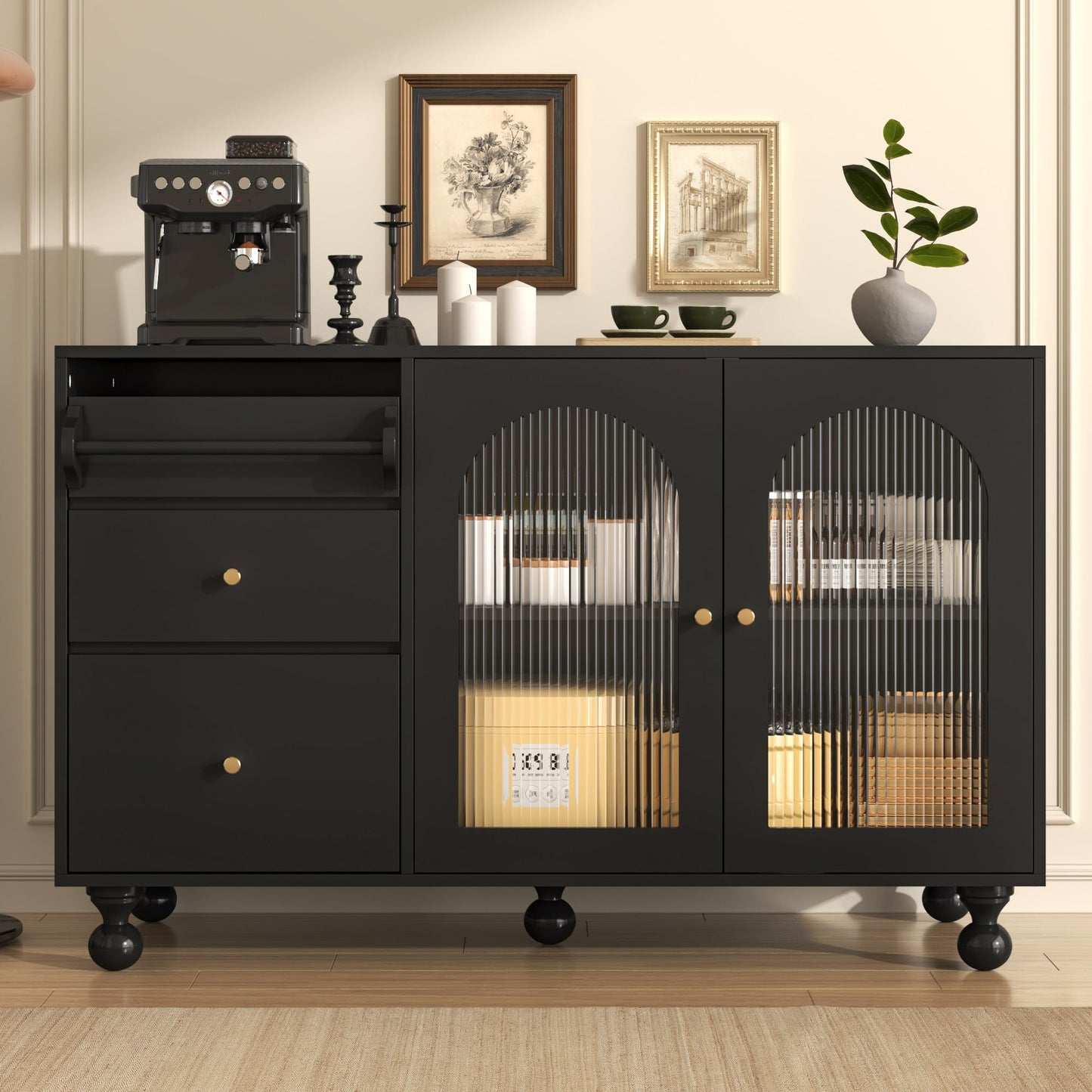 120 x 40 x 75.5 cm Noir Bahut de Salle a Manger, Armoire de Cuisine avec 3 Tiroirs et 2 Porte D'armoire Vitrée et Porte-Serviettes, Armoire de Rangement Polyvalente à Cuisine, Salon, Salle à Manger