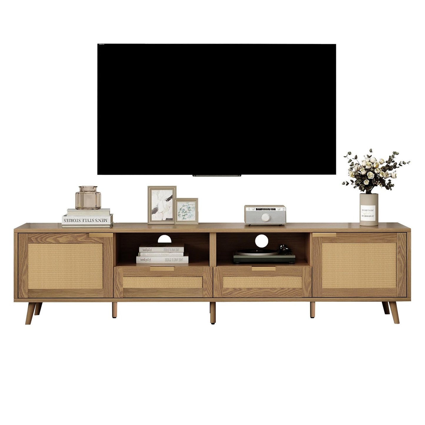 Meuble TV 200cm, Armoire De Télévision Rotin Tressé, Meuble Télé de Salon Pieds D'armoire Réglables, Table Télévision Convient Aux Téléviseurs de 90 Pouces, 2 Portes, 2 Tiroirs et 2 Étagères Ouvertes