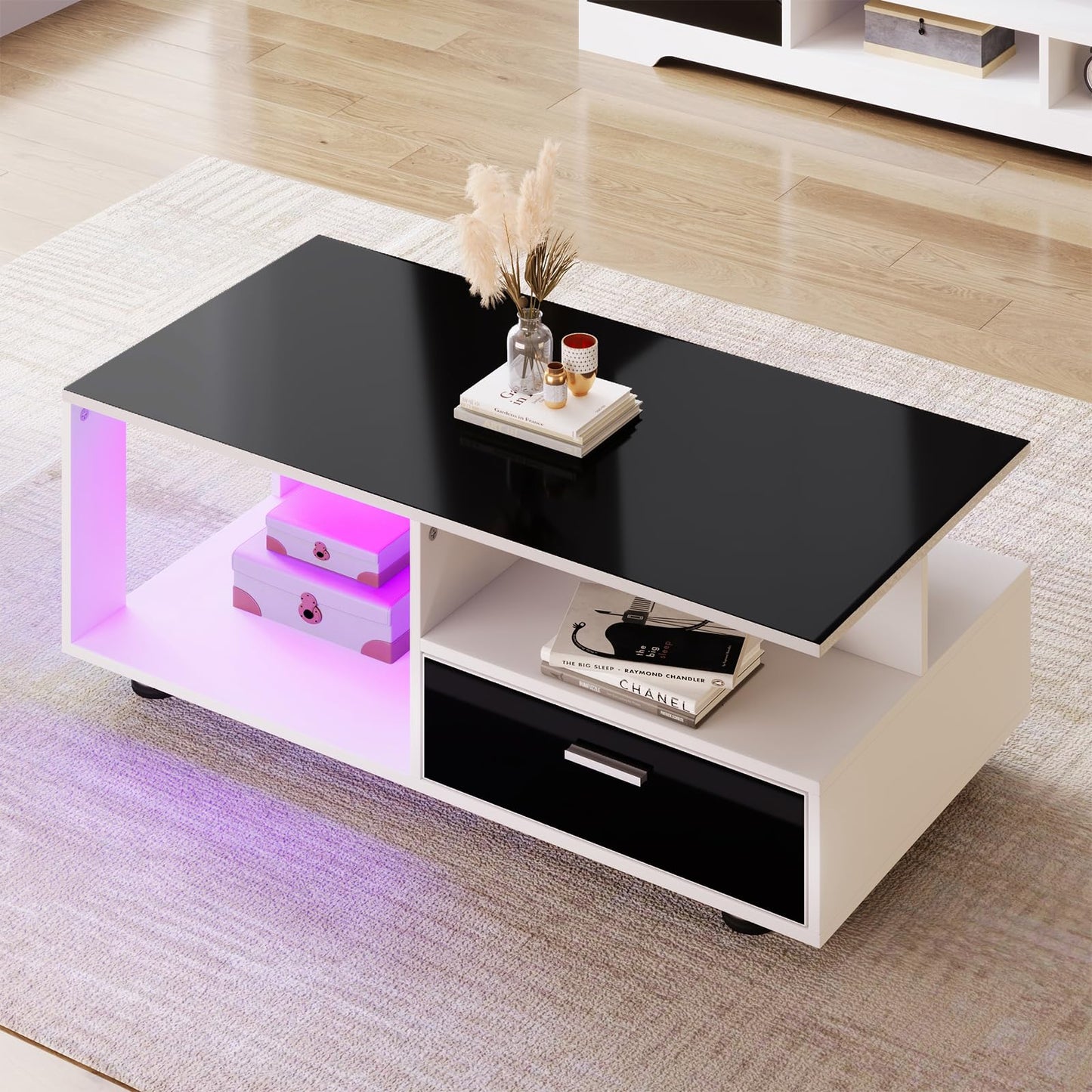 Table basse,Table basse salon,Table basse blanche et noire,Table basse LED moderne,Avec plateau noir brillant,Avec espace de rangement,Table basse avec deux tiroirs,Table basse 110 x 38,5 x 55 cm