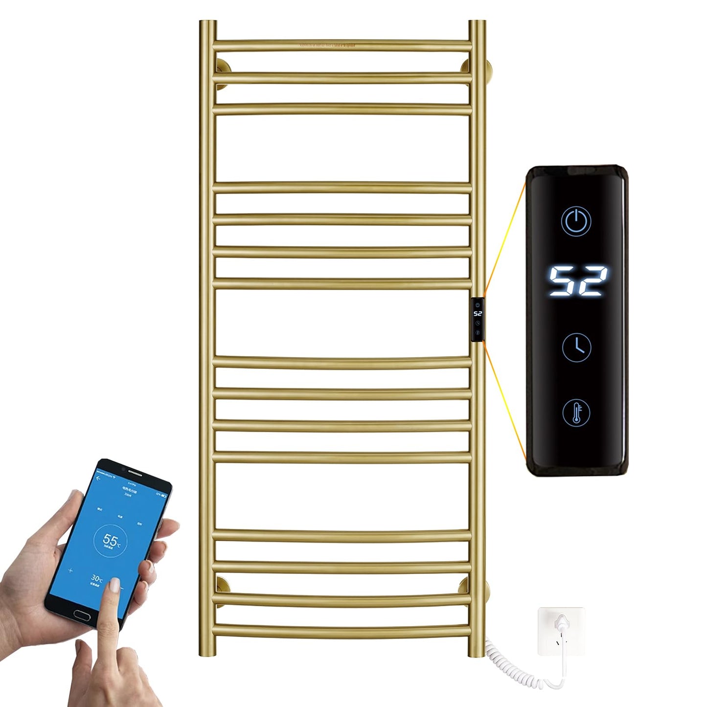 OihPaw Sèche-serviette électrique Or Brossé WiFi Intelligent 185 W Porte-Serviettes Chauffant Électrique 1100 * 600 mm Acier Inoxydable Radiateur de Salle de Bain avec 15 Tiges Courbées