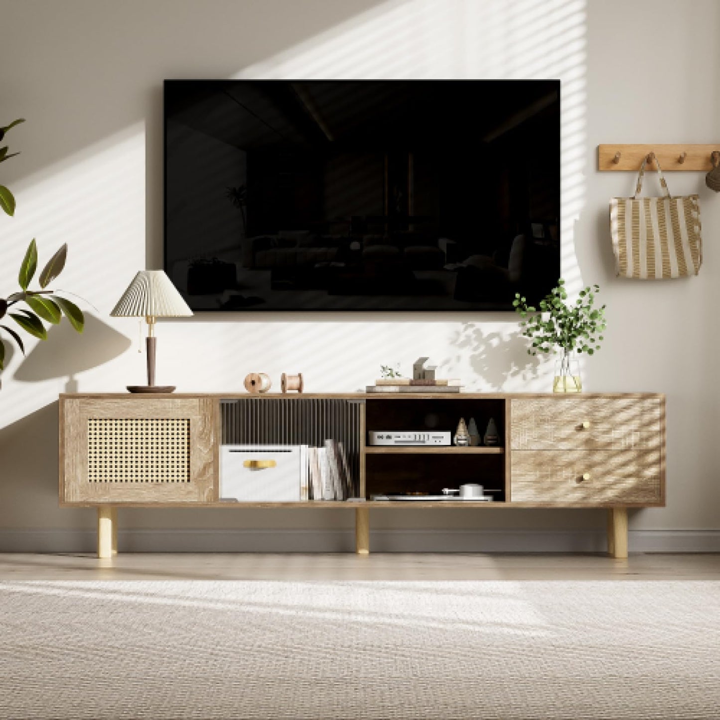 Meuble TV,Meuble TV avec Porte en rotin,Meuble TV en Bois avec Porte coulissante en Verre,Table TV, Banc TV avec Deux tiroirs,Meuble TV avec cloisons Ouvertes,Meuble TV Salon Dimensions 172x35x48cm
