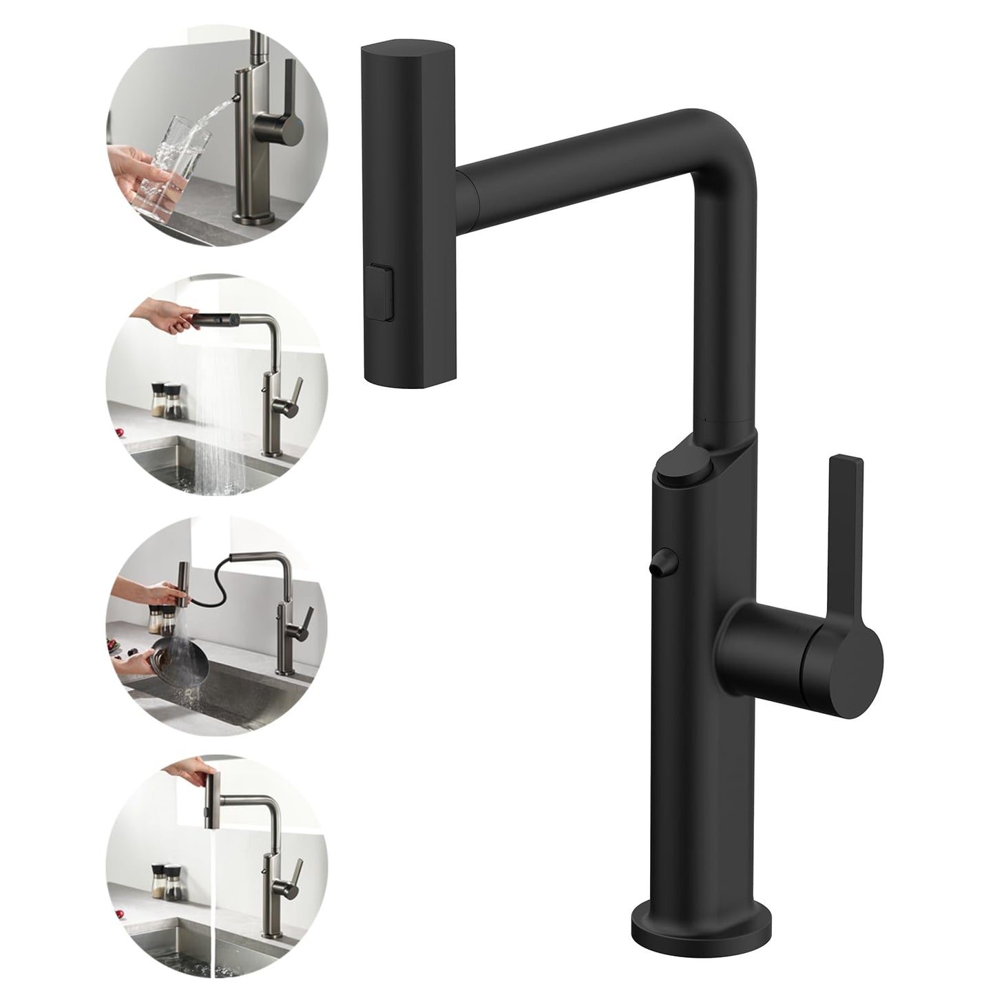 Cuisine 3 Voies avec Douchette Extractible, Robinetterie eau Potable Pivotant à 360°, 4 Modes Robinet Cuisine Cascade, Robinet Mitigeur Évier de Cuisine pour Systèmes d'Osmose