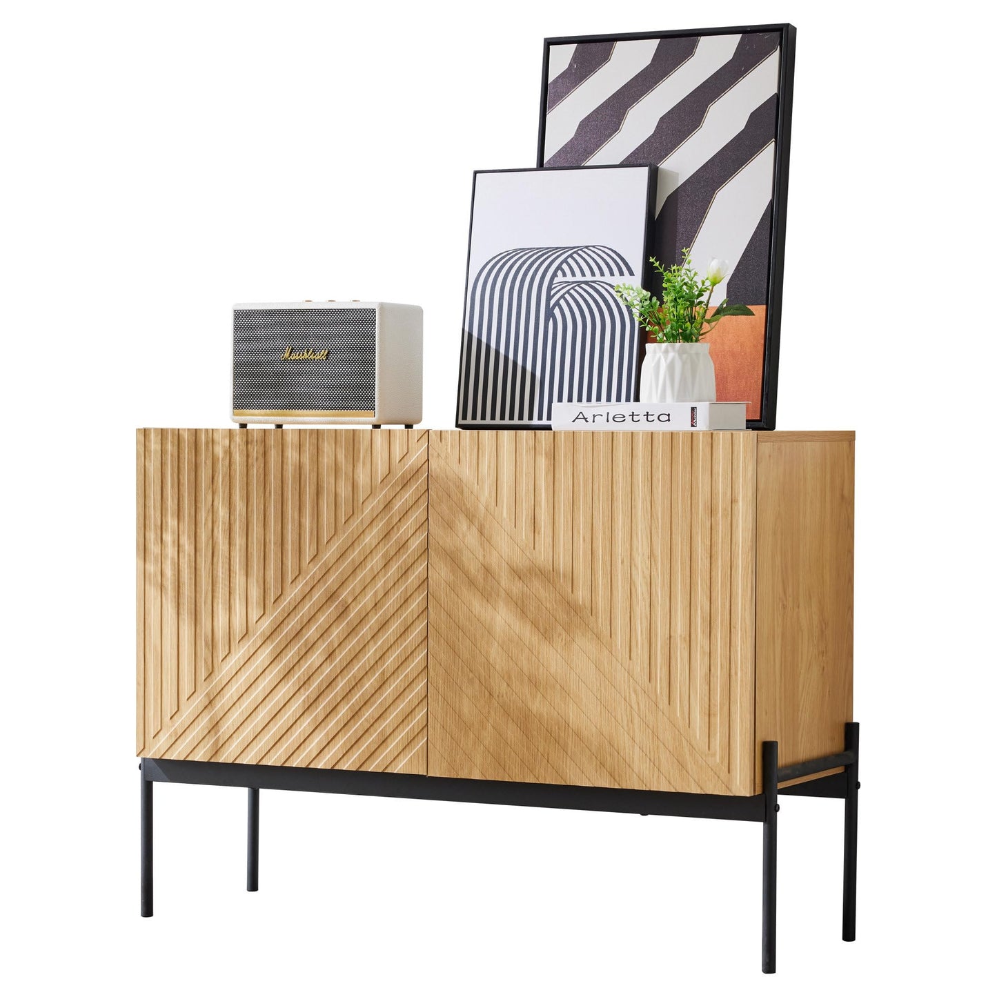 SHUGUANG 75 x 100 x 40 cm Buffet Moderne, Armoire Salon avec 2 Portes et Pieds en Métal, Buffet Cuisine Avoir Étagères Réglables, Armoire au Design Linéaire applicables a Salon, Salle a Manger