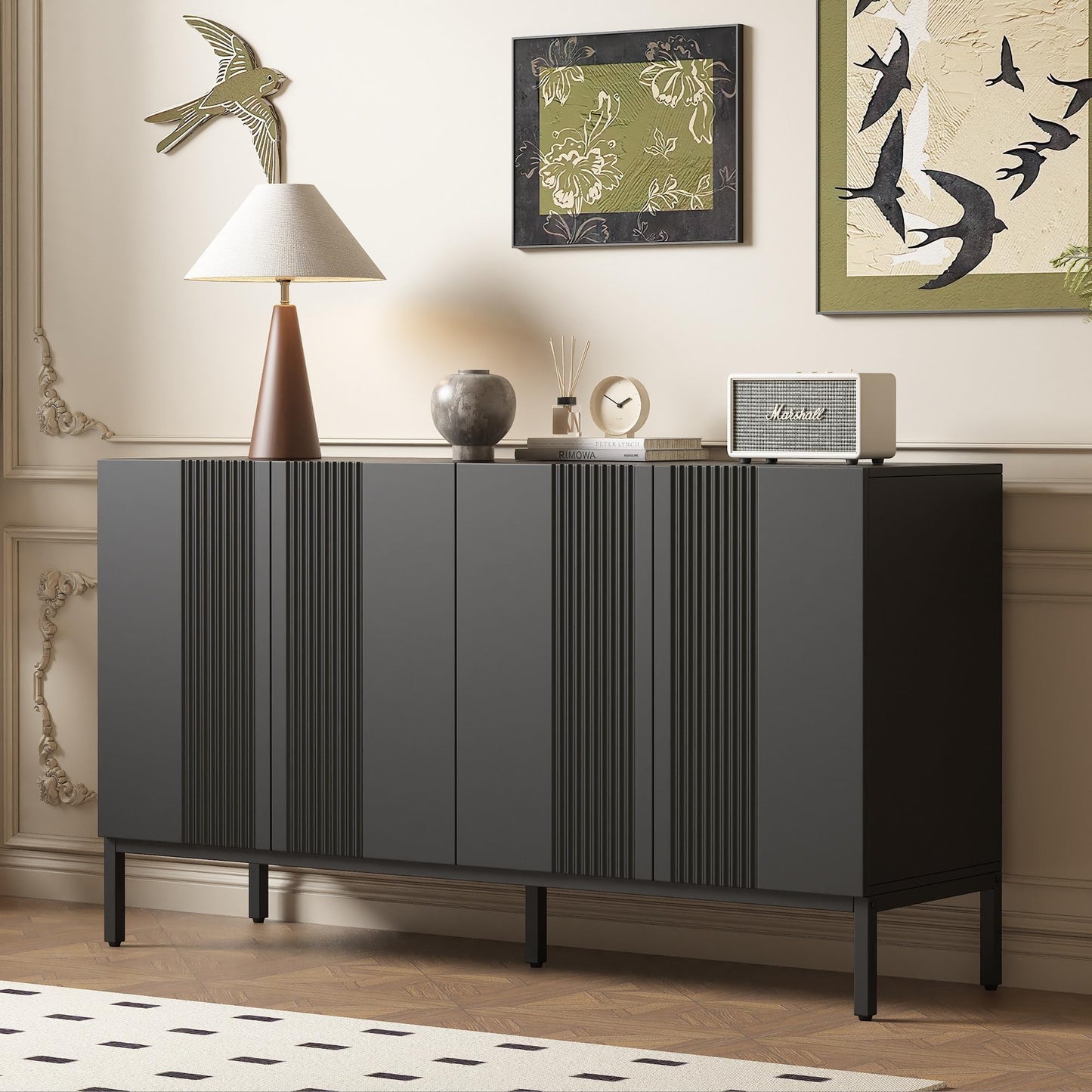 Buffet Blanc Moderne à 4 portes, Buffet Salle a Manger aux Lignes Uniques, Étagères Réglables, Porte sans Poignée, Beaucoup d'espace de Rangement, Vaisselier Bois, pour Salle à Manger Salon Cuisine