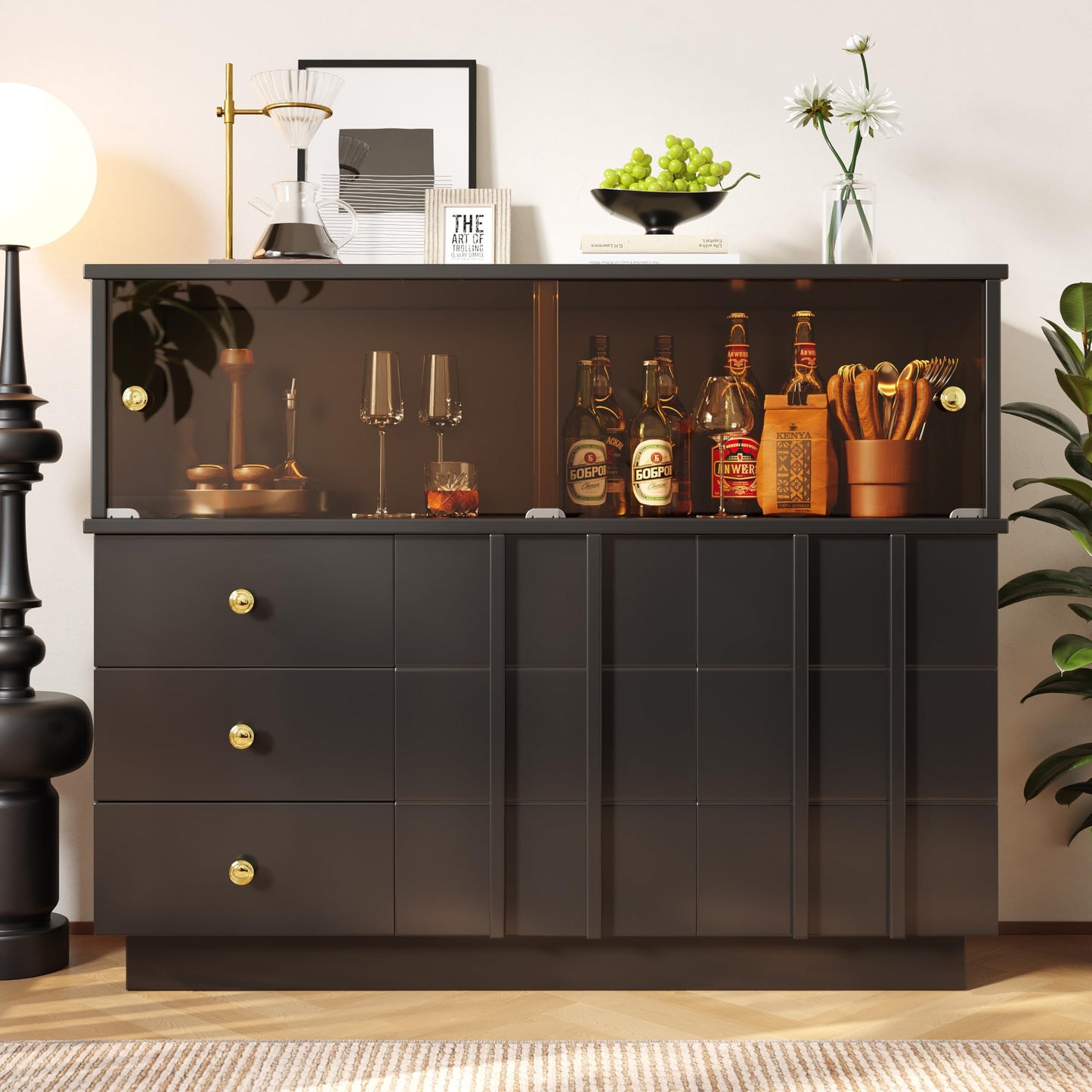 Buffet Moderne Élégant avec Portes en Verre Fumé, Meuble de Rangement avec 3 Tiroirs et 2 Portes, Meuble Buffet pour Salle à Manger Salon et D'entrée, Armoires Blanches/Noires, 120 × 33 × 95 cm