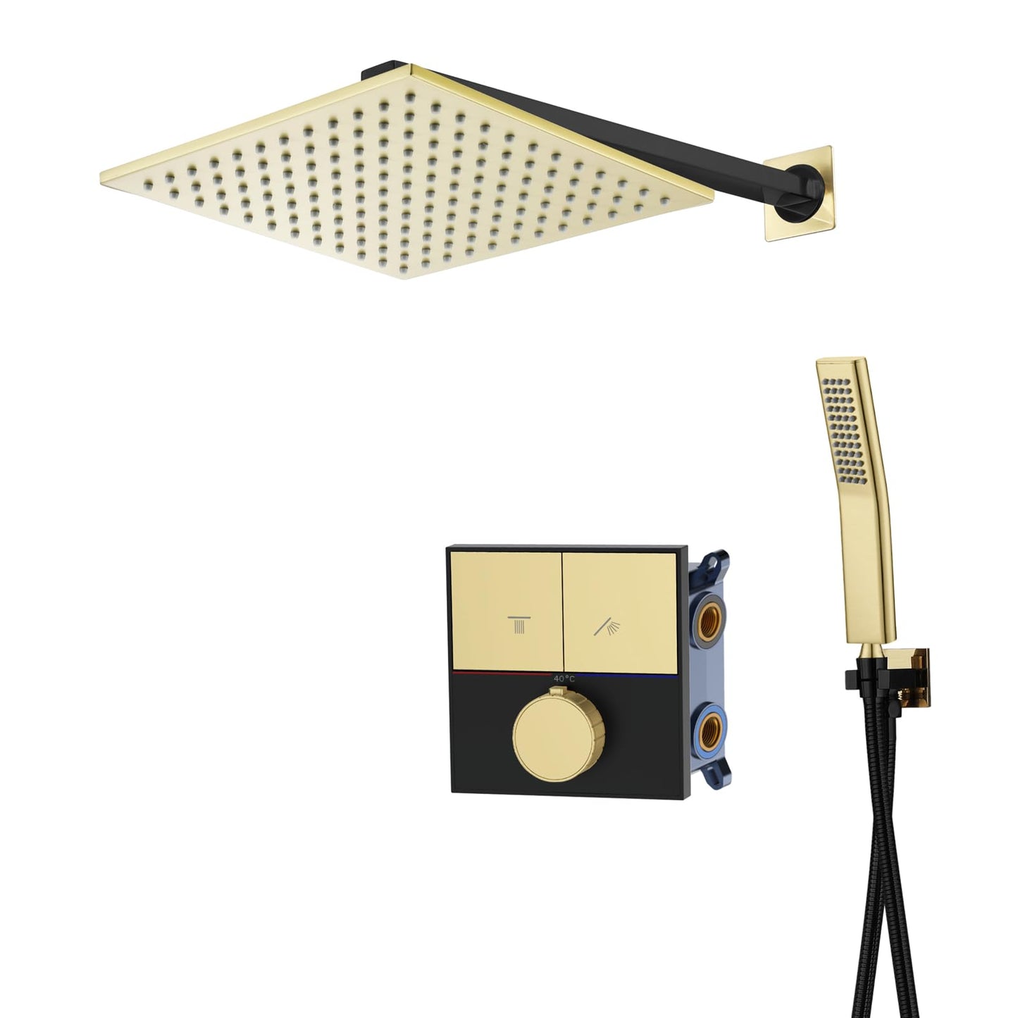Colonne de Douche Thermostatique, Noir et Or Brossé Colonne Douche Encastrable 2 Fonctions Ensemble de Douche Mural Kit de Douche avec Pommeau de Douche et Douchette