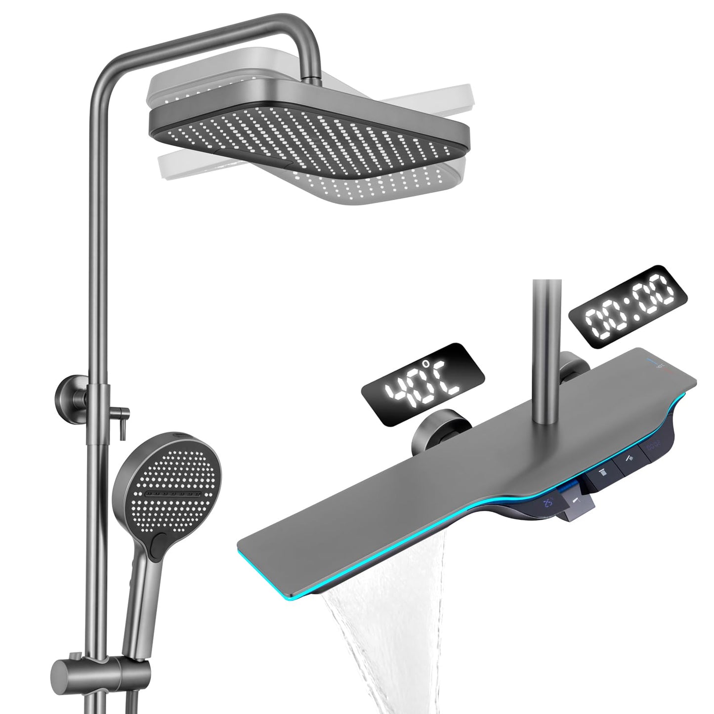 Colonne de Douche Thermostatique Colonne Douche Salle de Bain Affichage Numérique Colonne de Douche avec Mitigeur, Gris Pistolet Hauteur RéGlable Ensemble de Douche avec Douchette
