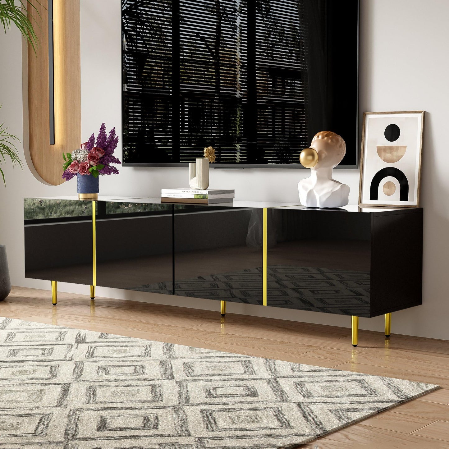 Meuble TV Moderne et Simple, 170 cm Banc TV Brillant avec Quatre Portes, Accents Dorés, Console Multimédia TV pour Les TV jusqu'à 70", Grand Espace de Rangement, Meuble Salon, Facile à Assembler