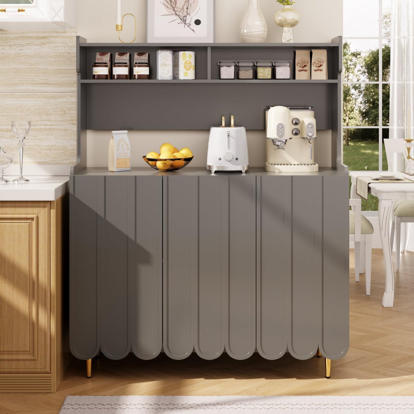 Peiaw Buffet,Meuble de Rangement Gris,Placard,Bibliothèque,Buffet à 3 Portes,Buffet avec Pieds cylindriques dorés,120 x 40 x 151 cm,Convient pour Le Bureau du Salon de la Cuisine
