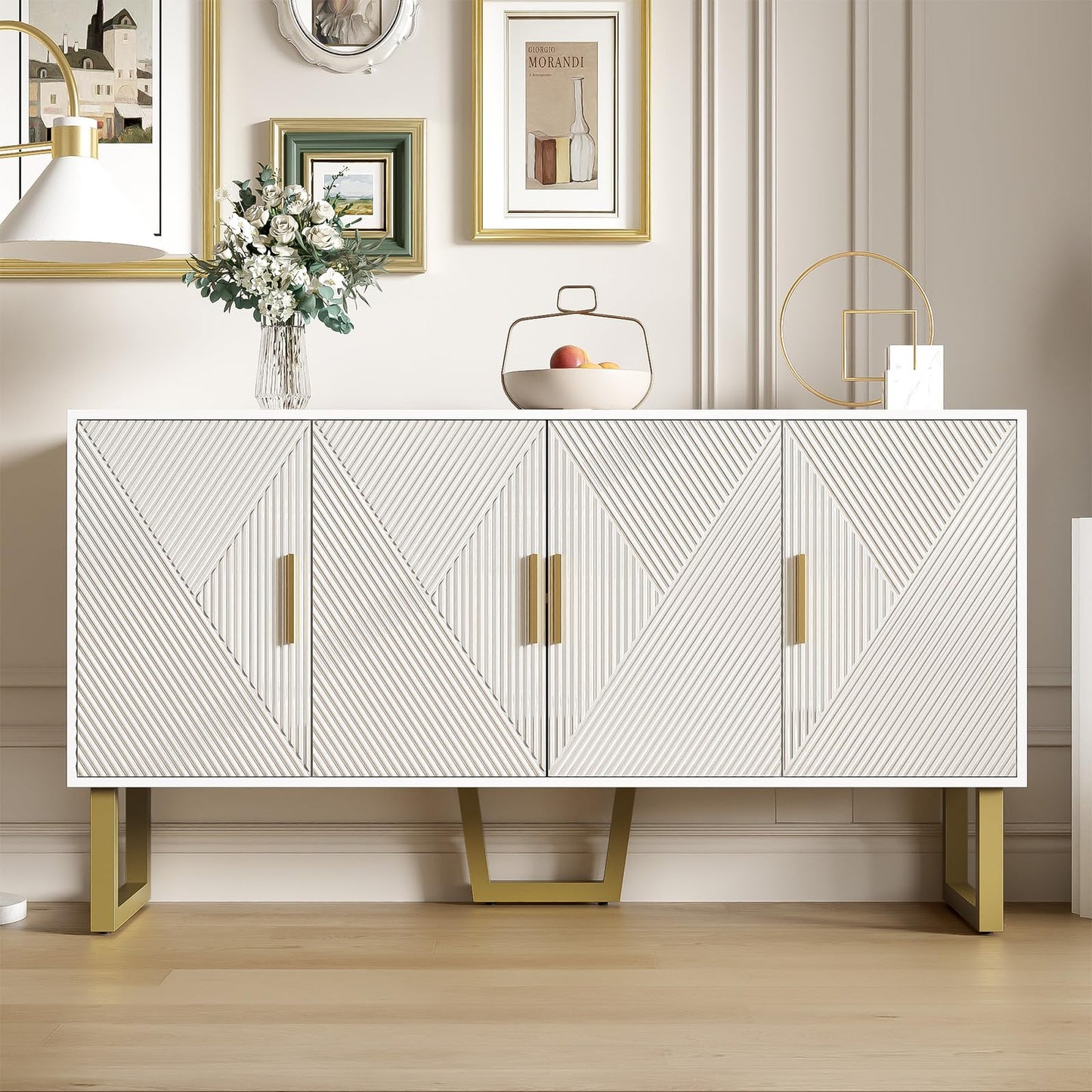 Buffet, meuble de rangement vertical Blanc, armoire multifonctionnelle, très grand espace de rangement, buffet avec portes brillantes et poignées dorées, design 4 portes, Buffet 150 x 40 x 82 cm