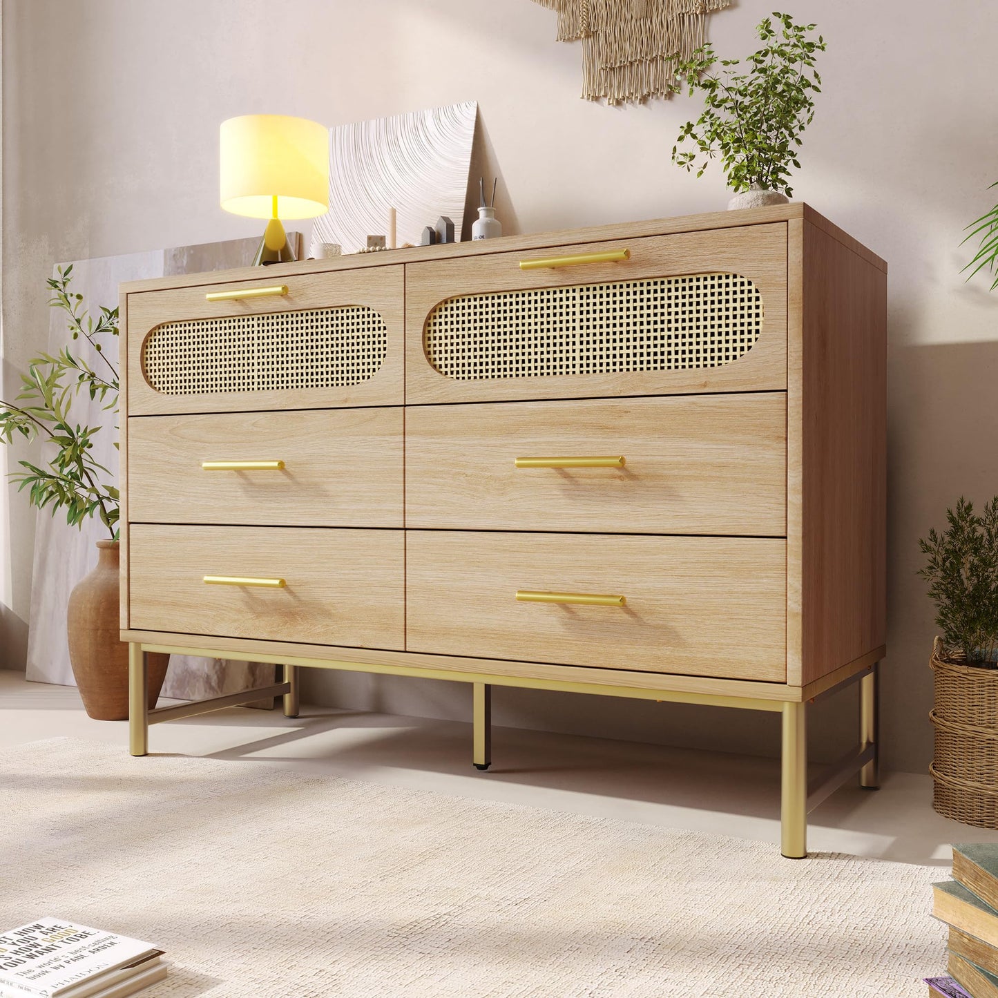 SHUGUANG Buffet en Rotin avec 6 Tiroirs, Commode de Chambre Style Bohème, Vaisselier, Meuble de Rangement pour Salon et Entrée, Poignées en Métal Doré, Anti-Inclinaison, 120 x 40 x 74 cm, Chêne