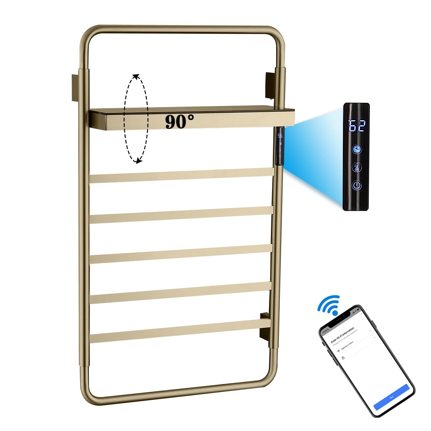 Sèche-Serviettes Électrique Intelligent WiFi Commande Vocale avec Étagère Pliable, avec Minuterie, 45-70 °C, 5 Barres 65 W Porte-Serviettes Chauffant, 85x50CM Radiateur De Salle De Bain