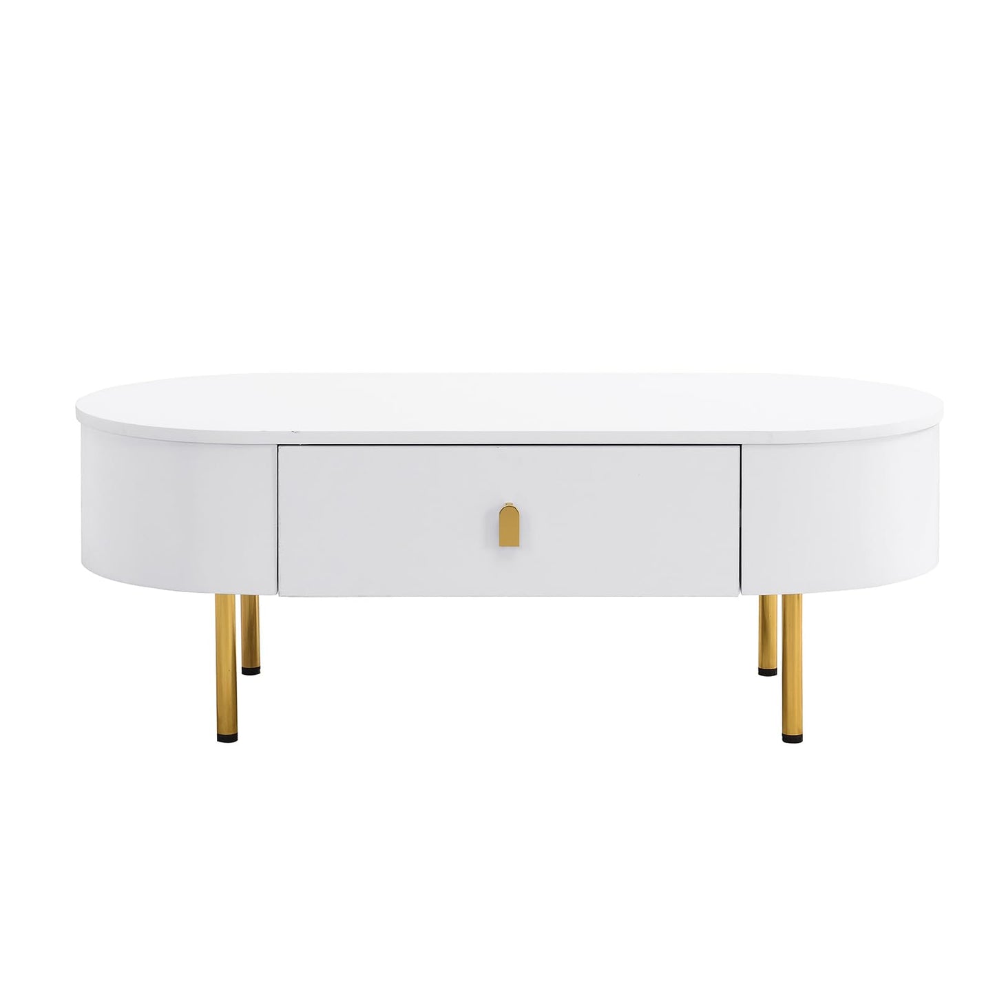 Peiaw Table Basse,Table de Salon,Table Basse Moderne,Table Basse avec tiroir,Table Basse de Salon Blanche,Poignées dorées et Coins incurvés,1 tiroir,Table Basse 108 x 50 x 40 cm