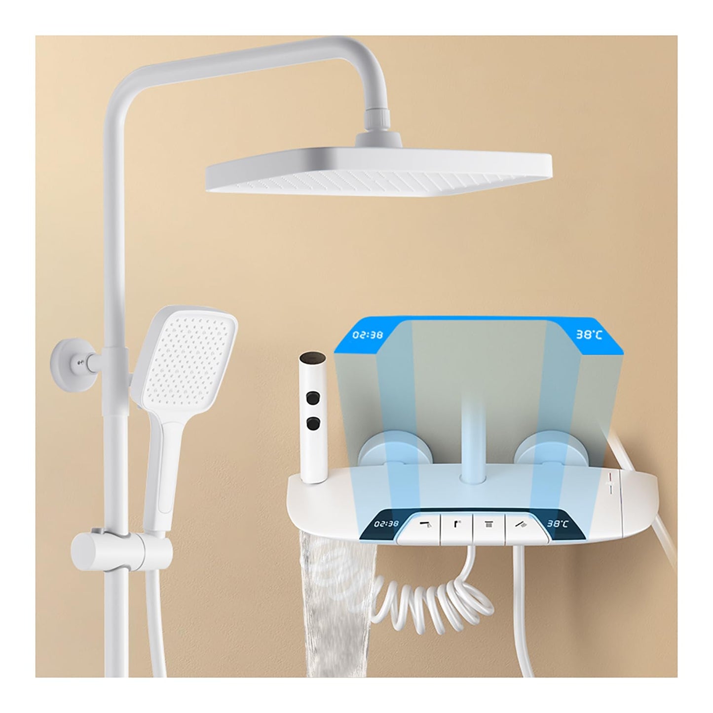Colonne de Douche Thermostatique, Système de Douche avec Affichage Numérique LED Ensemble de Douche avec 32 * 20CM Pomme de Douche e Douchette à 3 Modes, Bec Baignoire, Bidet Douche (Blanc)