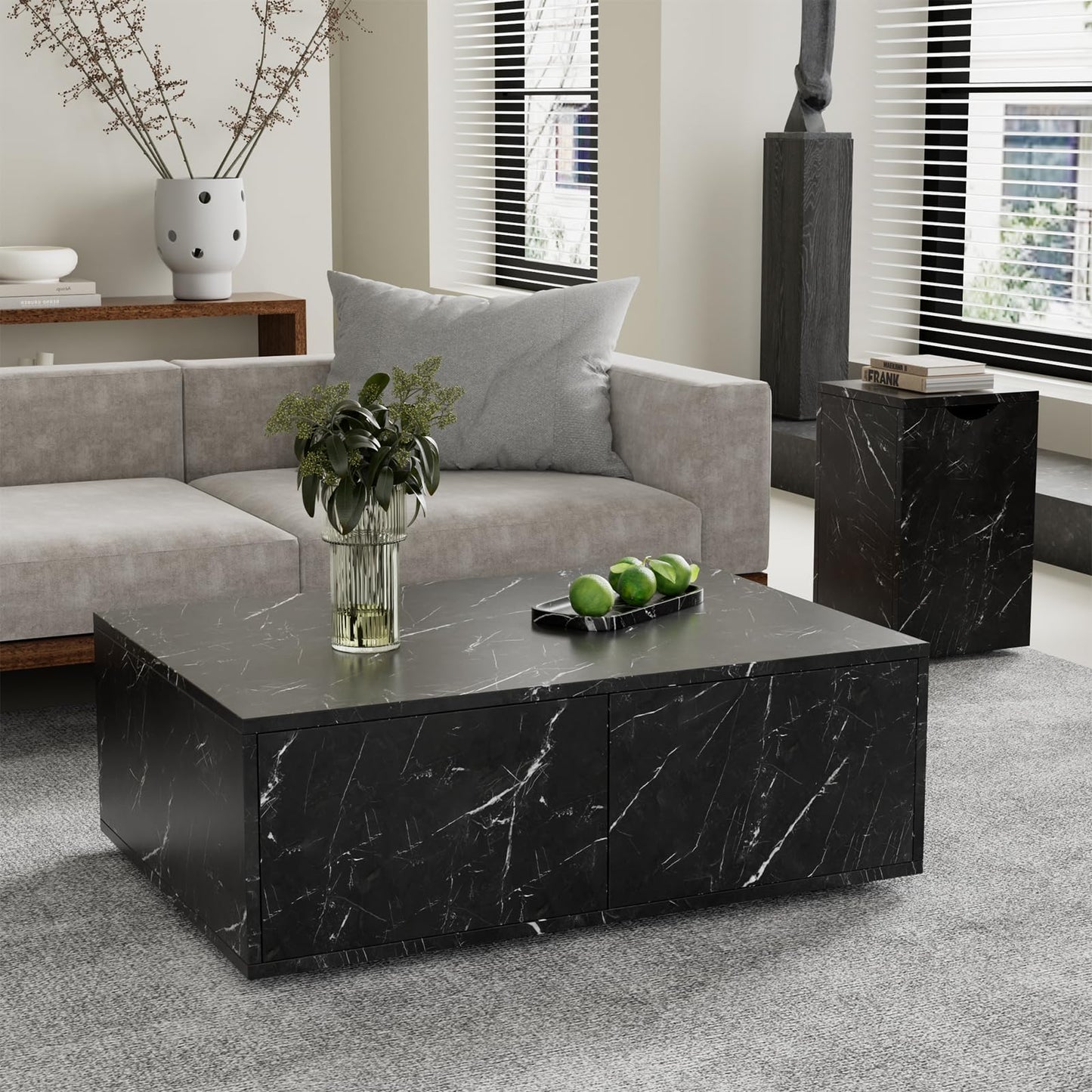 Table basse,Table d'appoint de canapé,Lot de 2 tables basses modernes noires,Table basse carrée avec tiroirs,Table basse motif marbre,Table basse modulable,Table basse 100x33,5x70cm et 32x32x50cm