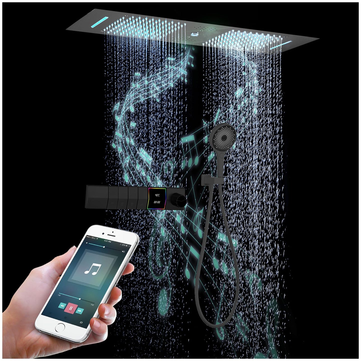 OihPaw Colonne De Douche Thermostatique Musique,300x900mm LED 64 Couleurs 4 Fonctions SystèMe De Douche EncastréE,Acier Inoxydable 304,Pluie,Cascade,Colonne D'Eau,Douchette 3 Fonctions