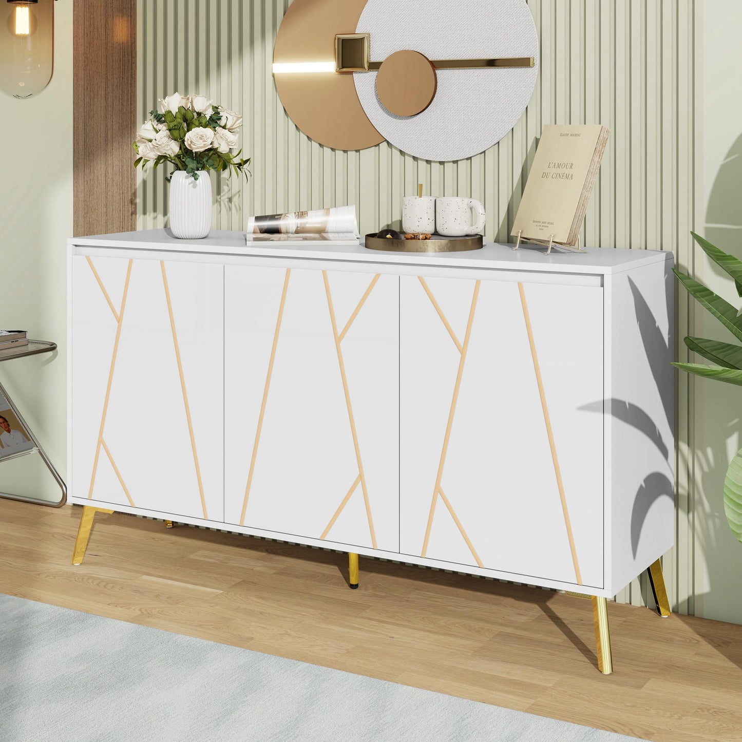 Buffet de Style Moderne au Design Unique Bahut avec 3 Portes, Sans Poignées, Armoire Latérale de Salon, Meuble Buffet de Cuisine, Armoire de Rangement pour Salle à Manger, Entrée (Blanc/Noir)