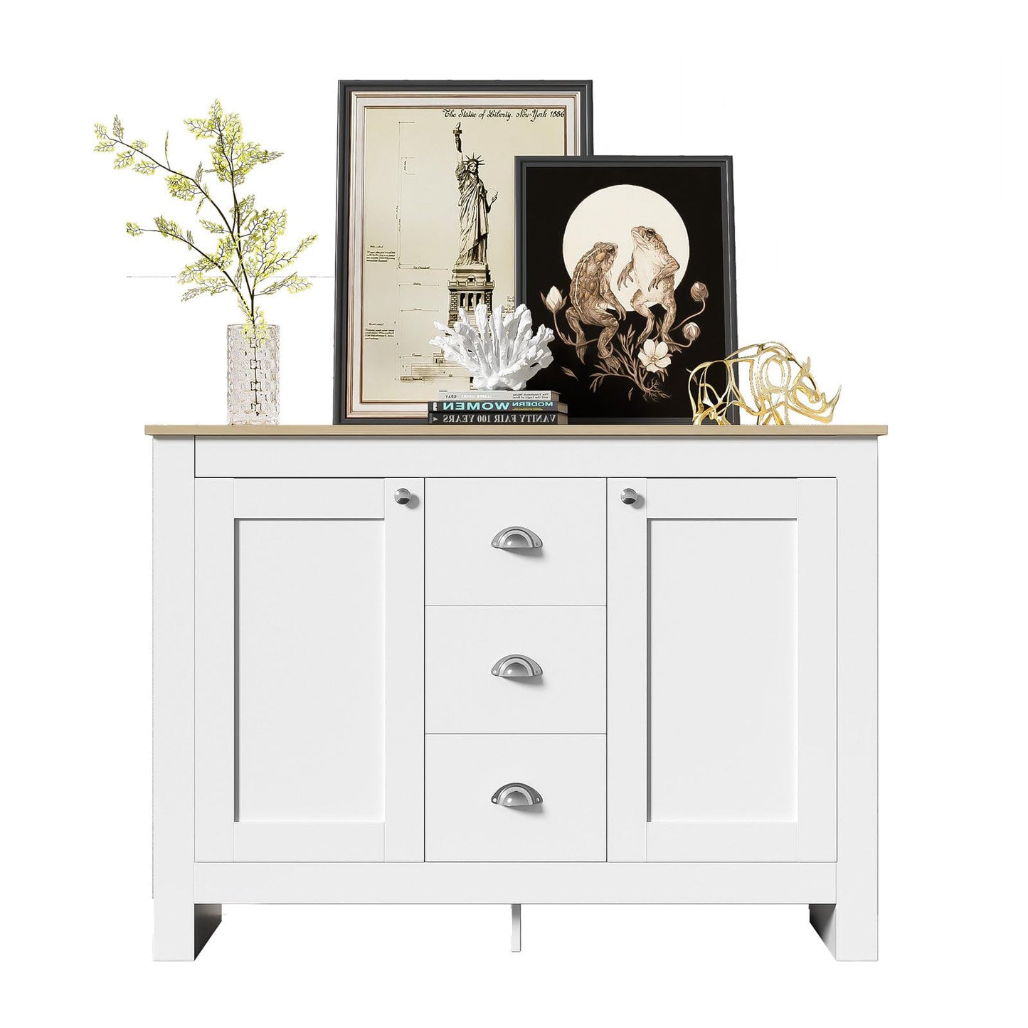 Kommode, Sideboard, Küchenschrank mit 2 Türen und 3 Schubladen, Mehrzweckschrank Hohe Tragfähigkeit, Schubladenschrank Soft Close Scharnieren, Verstellbare Regalhöhe, 116 x 81 x 35 cm(B/H/T), Weiß