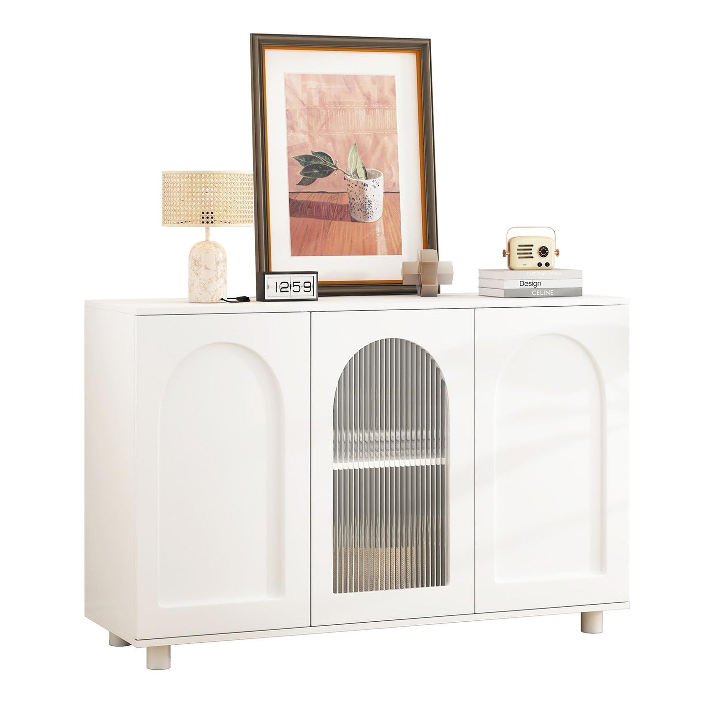 Sideboard mit 3 Türen, Küchenschrank Glastür, Kommode U-förmig Einfaches Design, Mehrzweckschrank Hohe Belastung, Verstellbare Regalhöhe, Sprungbrett-Design, 120 x 78.5 x 40 cm(B/H/T), Weiß