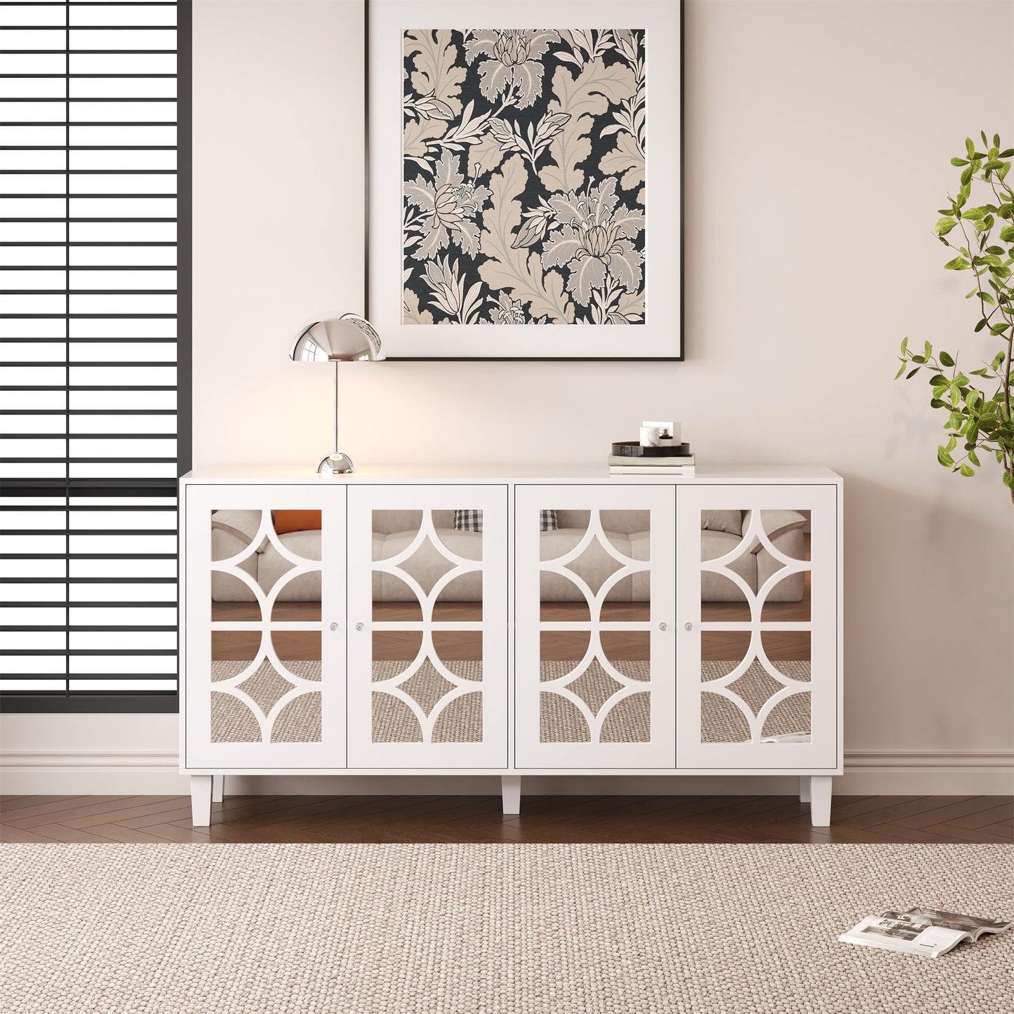 Buffet Moderne avec 4 Portes Miroir, Buffet Miroir avec Poignées en Cristal Froid, Stratifié Mobile, Armoire de Cuisine, Bahut pour Salon et Salle à manger, 160 x 40 x 85 cm, Blanc/Bois et Marron