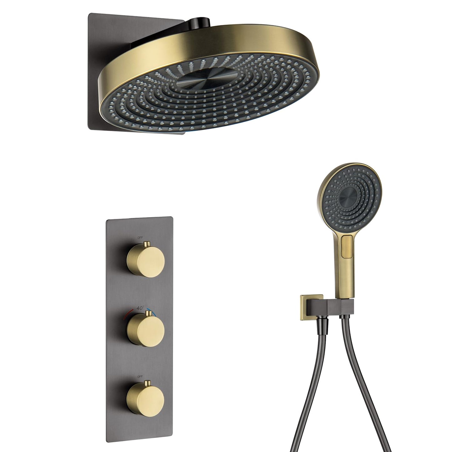 Colonne de Douche Thermostatique, Gris Pistolet et Or Brossé Colonne Douche Encastrable 2 Fonctions Ensemble de Douche Mural Kit de Douche avec Pommeau de Douche et Douchette